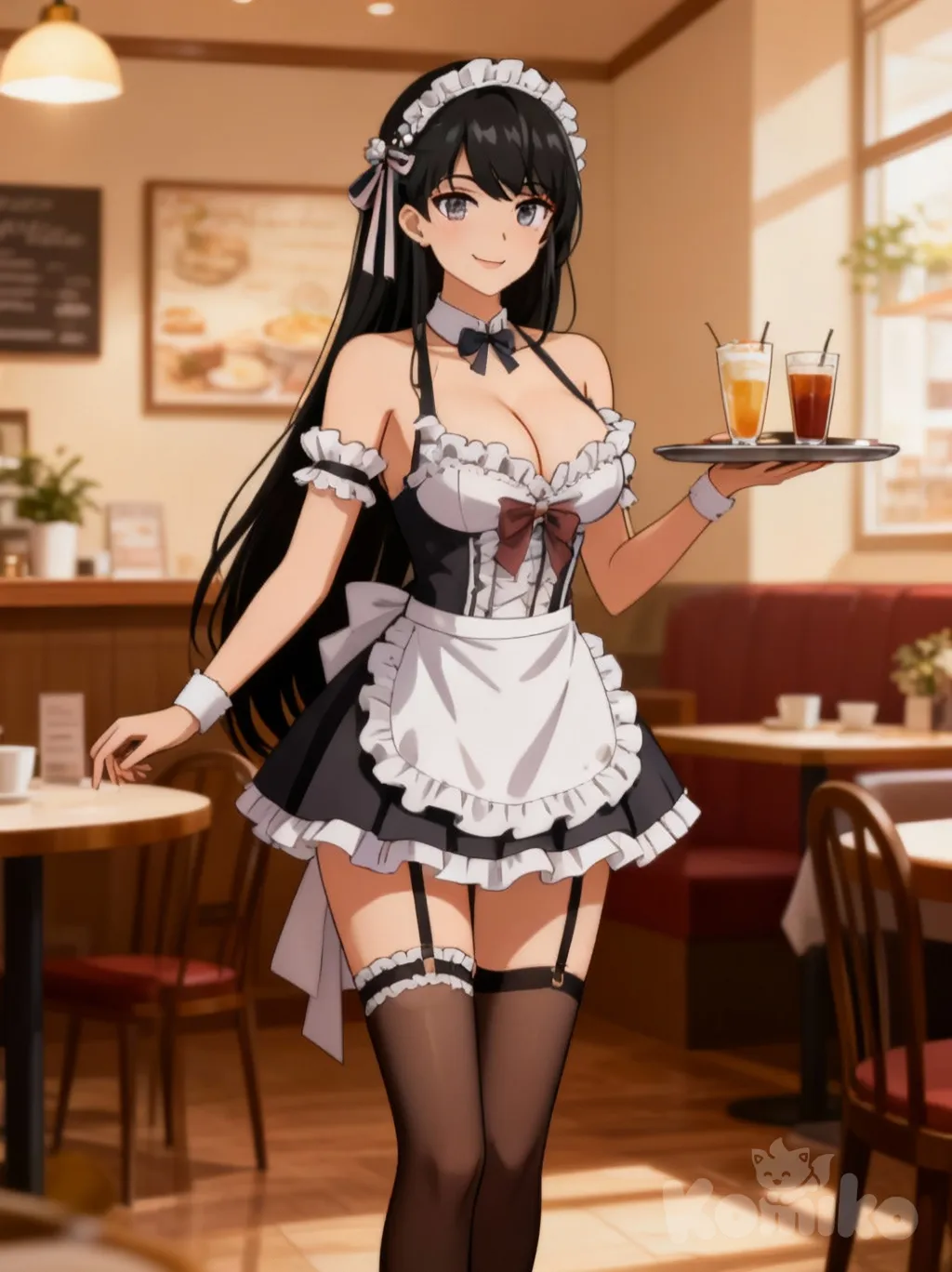 Mai Sakurajima, maid, maid cafe, serving, smiling, customer focus, looking at viewer, indoors, holding tray, drinks, cafe background, aprons, frills, ribbon, bow, dress, full body, medium shot, revealing maid outfit, skimpy maid outfit, short dress, cleavage, bare shoulders, thigh-highs, garter straps, bunny girl senpai, mai sakurajima (bunny girl senpai), long hair, black hair, ribbon, hair ornament, confident smile, gentle smile, older woman, mature woman, adult, mature (look), sophisticated, elegant