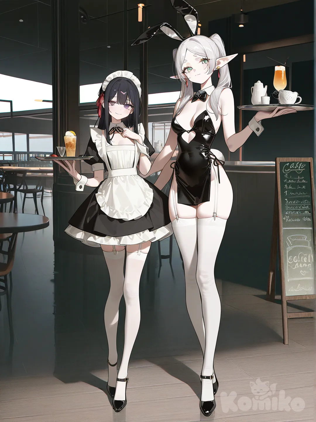 2girls, [high-contrast-glossy-style], Mai Sakurajima, Frieren, maid, maid cafe, serving, smiling, customer focus, looking at viewer, indoors, holding tray, drinks, cafe background, aprons, frills, ribbon, bow, dress, full body, medium shot, **revealing maid outfit, skimpy maid outfit, short dress, cleavage, bare shoulders, thigh-highs, garter straps,** bunny girl senpai, mai sakurajima (bunny girl senpai), long hair, black hair, ribbon, hair ornament, confident smile, gentle smile, mature (look), frieren, frieren (sousou no frieren), white hair, long hair, elf ears, pointy ears, innocent smile, shy smile, small breasts