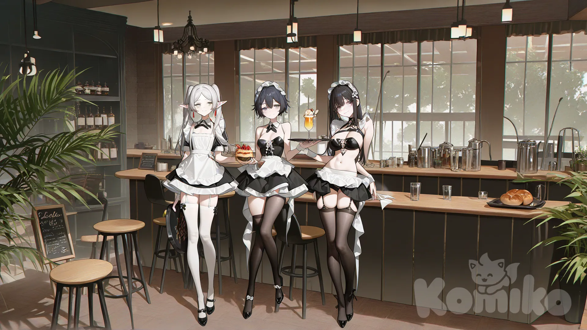 2girls, [high-contrast-glossy-style], Mai Sakurajima, Frieren, maid, maid cafe, serving, smiling, customer focus, looking at viewer, indoors, holding tray, drinks, cafe background, aprons, frills, ribbon, bow, dress, full body, medium shot, **revealing maid outfit, skimpy maid outfit, short dress, cleavage, bare shoulders, thigh-highs, garter straps,** bunny girl senpai, mai sakurajima (bunny girl senpai), long hair, black hair, ribbon, hair ornament, confident smile, gentle smile, mature (look), frieren, frieren (sousou no frieren), white hair, long hair, elf ears, pointy ears, innocent smile, shy smile, small breasts