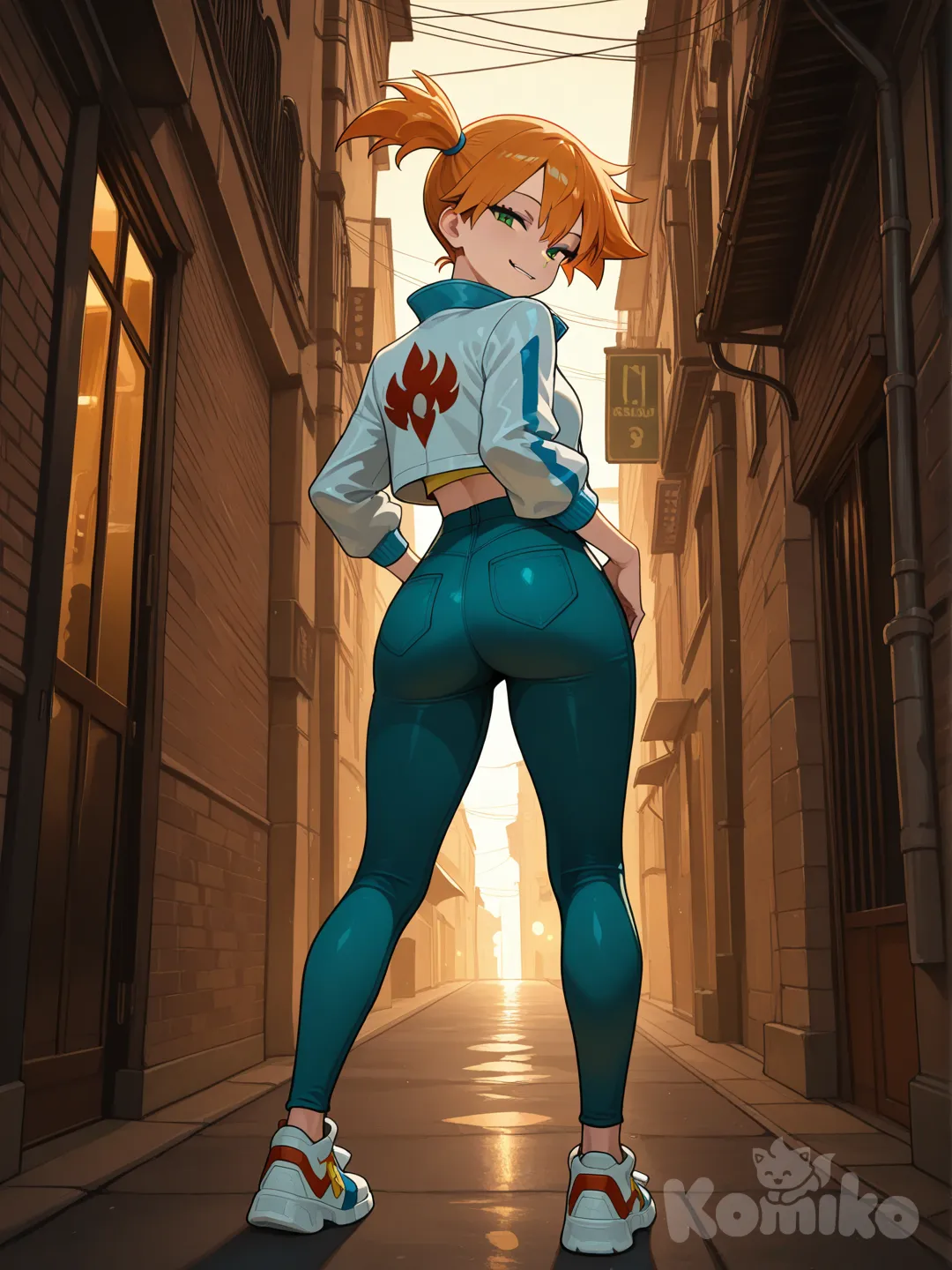 misty (pokemon), aged up, alley, street, evening, cropped jacket, tight pants, sneakers, looking back, seductive smile, biting own lip