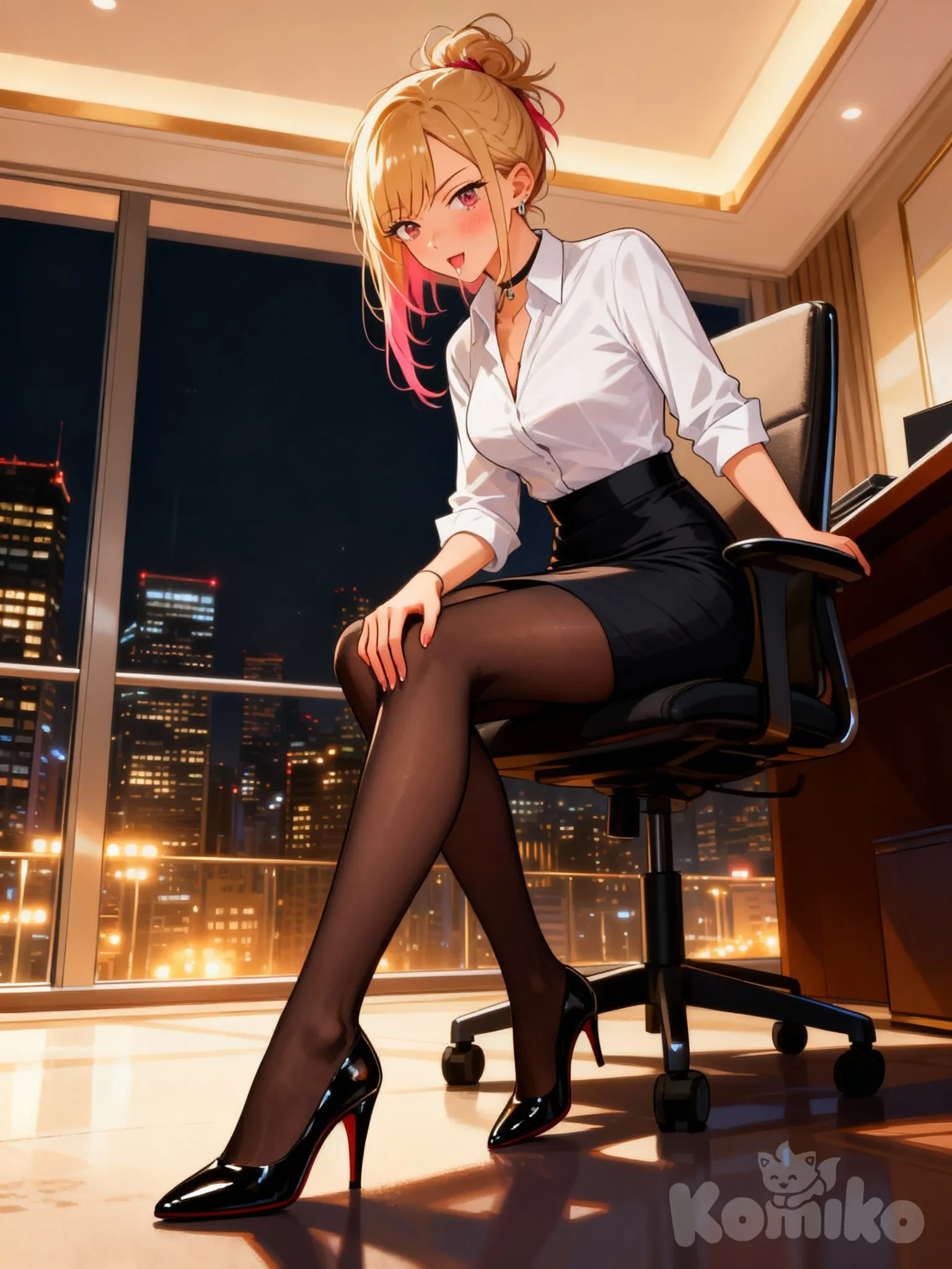 [semi-realistic-portrait-style], Sitting, from below, business suit, pencil skirt, white blouse, black tights, black pumps, looking down at viewer, office chair, office, top floor of a skyrise, night, city lights out window, raised eyebrow, light blush, hand on own thigh, hair in messy bun, low lighting, warm lighting, kitagawa marin, blonde hair, pink hair tip, legs crossed, biting own lip