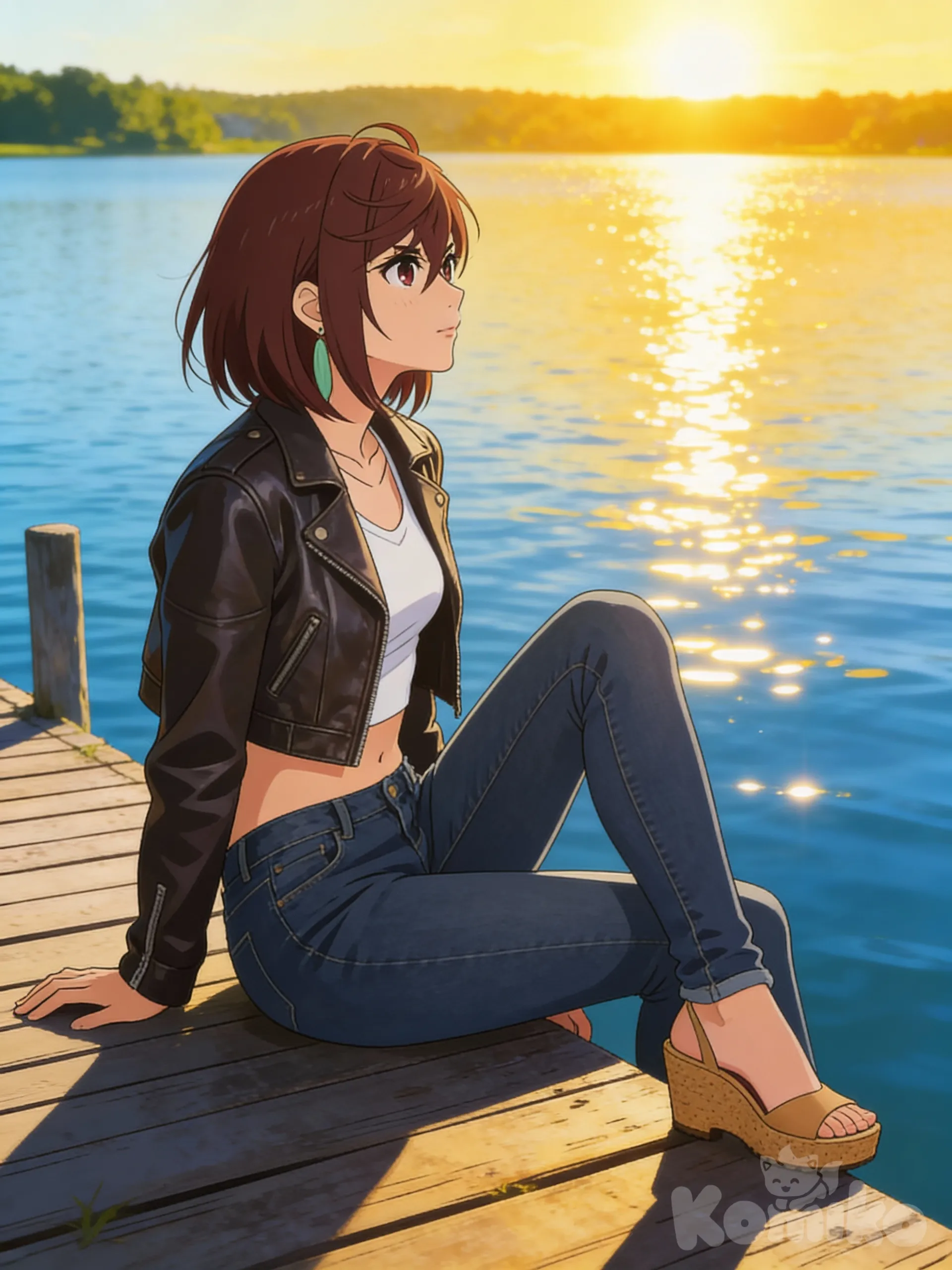 @Momo_Ayase, wearing a white crop top with crop leather jacket over it and tight jeans with cork wedges, she is sitting on the edge of a pier by a lake, looking out at the lake with a pensive expression.
The sun is reflected on the lake, the horizon is shining, a very beautiful summer panorama.