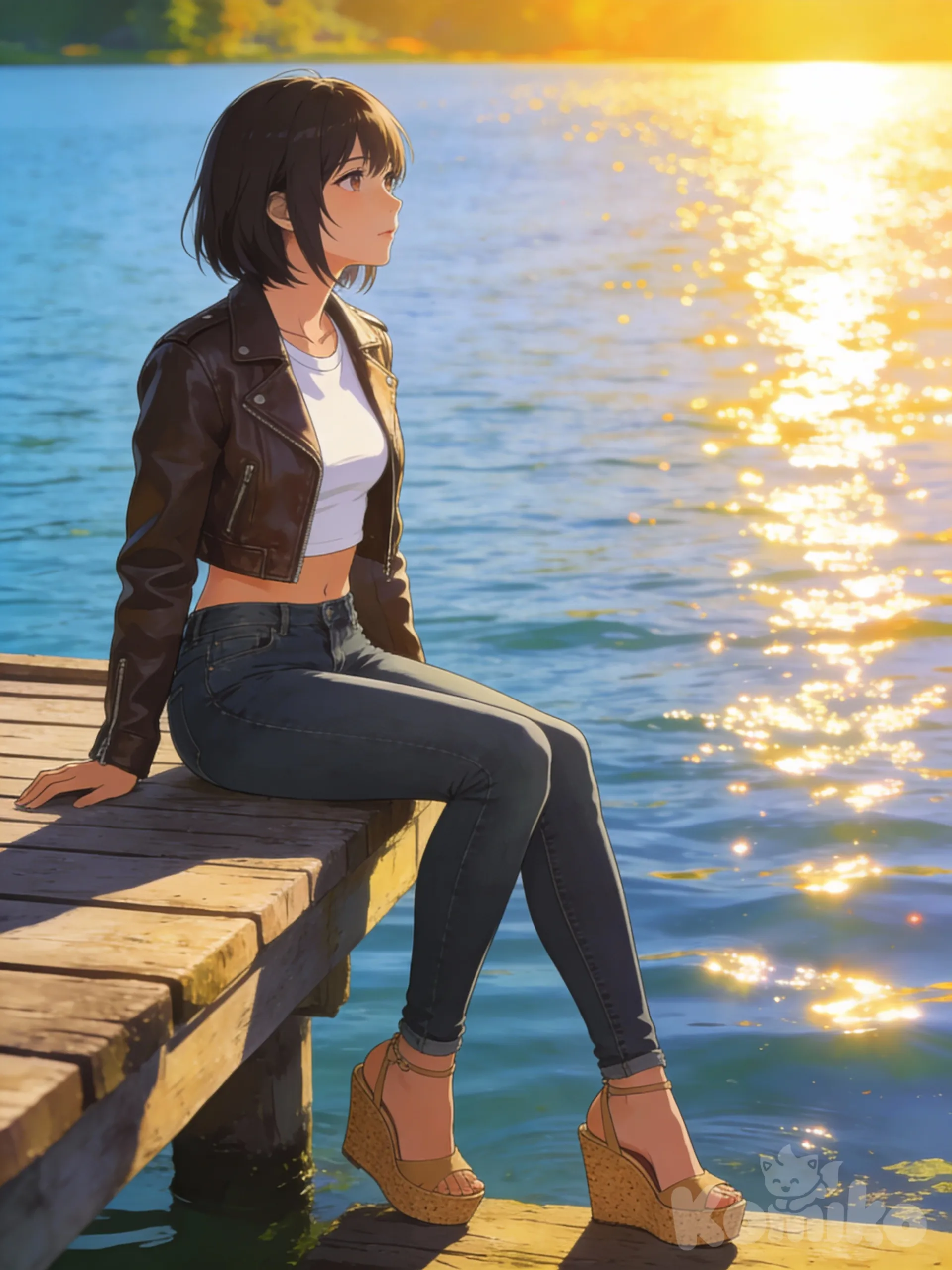 @Mai Sakurajima wearing a white crop top with crop leather jacket over it and tight jeans with cork wedges, she is sitting on the edge of a pier by a lake, looking out at the lake with a pensive expression. The sun is reflected on the lake, the horizon is shining, a very beautiful summer panorama.