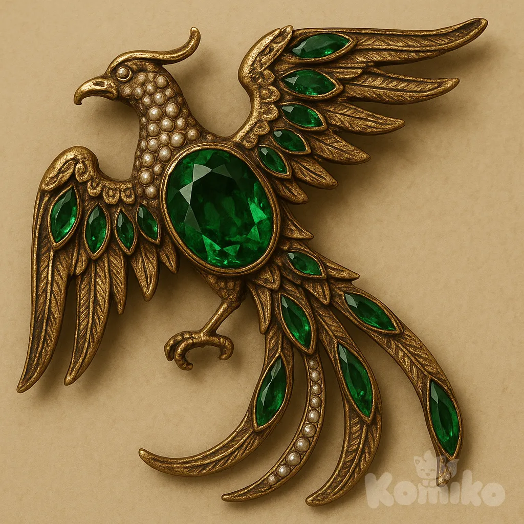 Medieval brooch, emerald phoenix, emerald gems