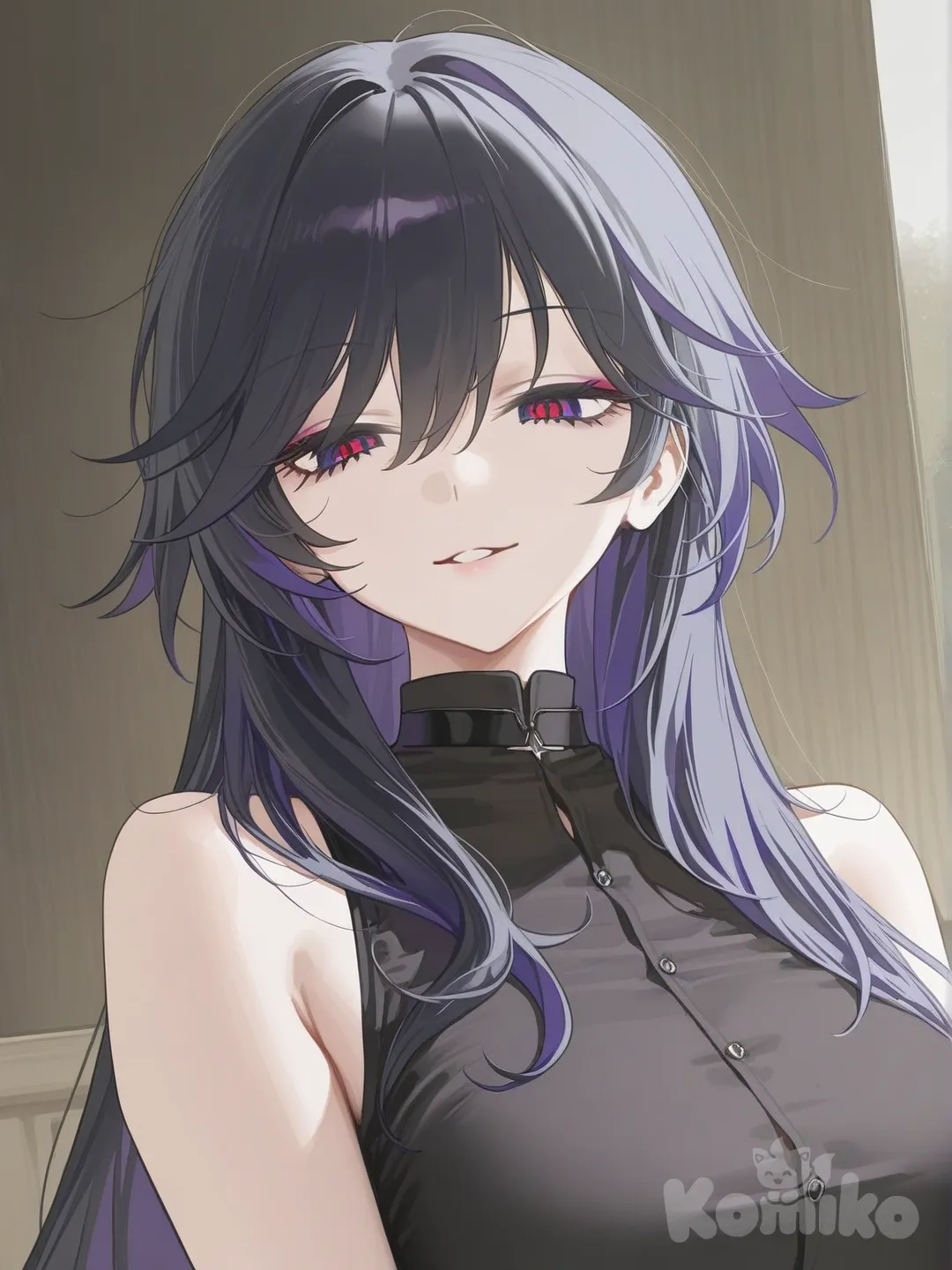 1girl,super big breasts,The female character has long, layered black hair with a slightly wavy texture. Her hairstyle features soft, face-framing strands that accentuate her sharp features and give off a mysterious, seductive aura. The hair flows freely past her shoulders, adding a sense of confidence and power, perfectly matching her dark, elegant, and dangerous look.