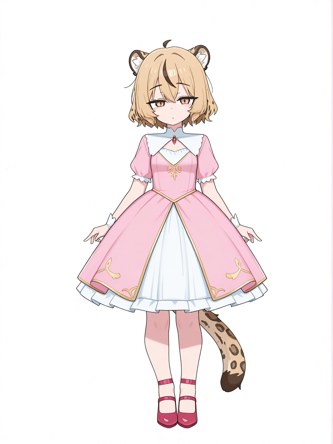 [toon-shaded-style] 1girl, sickly, small breasts, loli, princess dress, leopard tail, leopard ears, vtuber, standing at attention, looking at viewer, single character, full body, anime style, simple background, white background