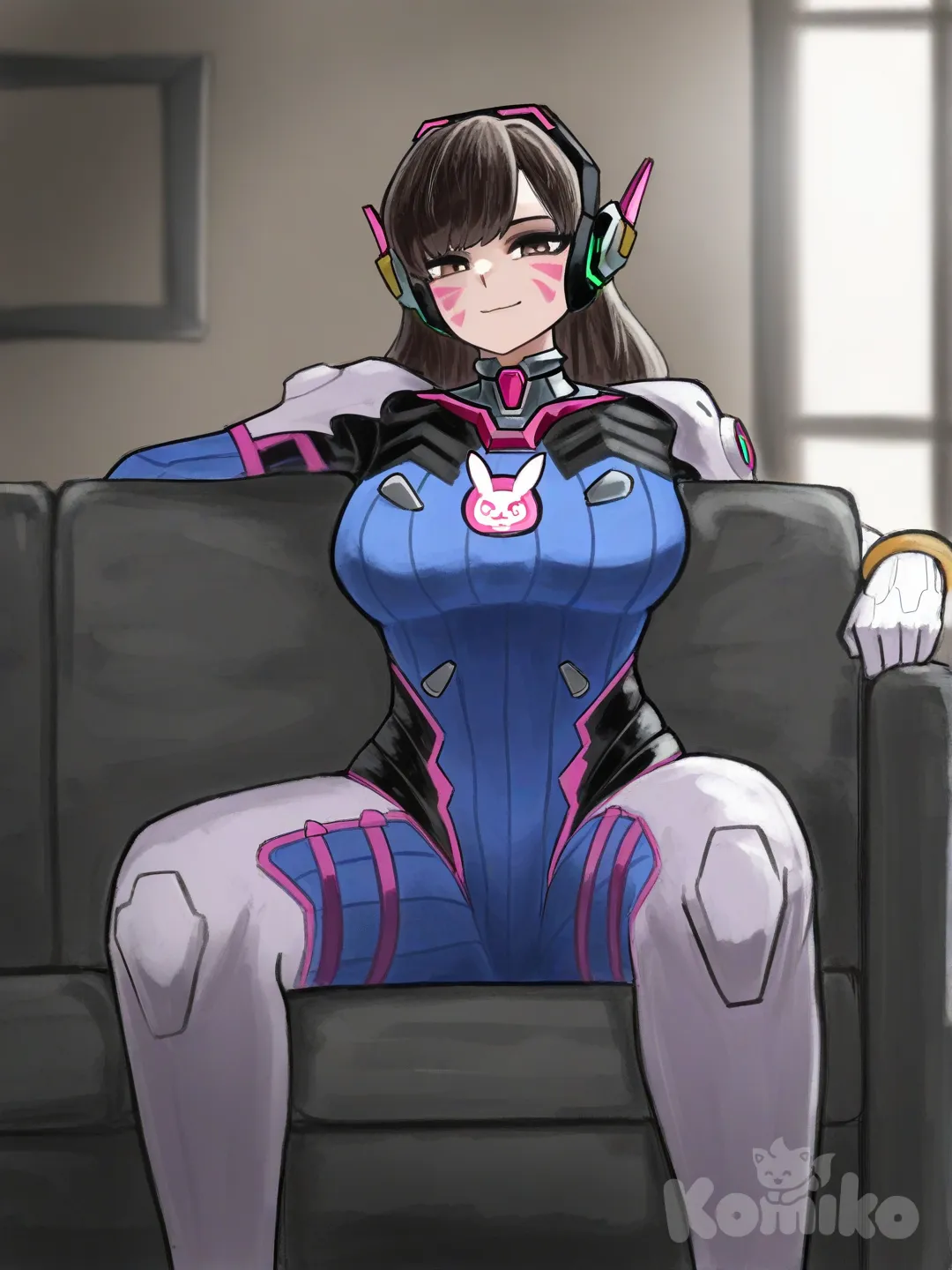 D.Va_(Overwatch) , sentada no sofá da sala , [sketchy-painterly-style]