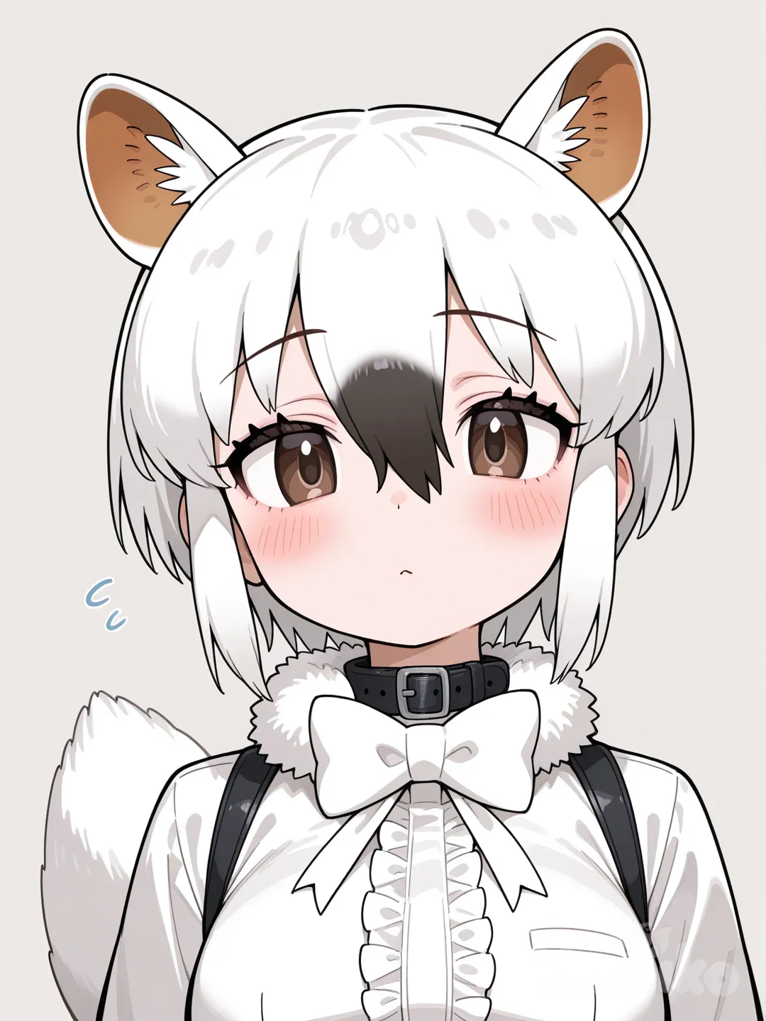 southern tamandua \(kemono friends\), kemono friends, 1girl, tamandua ears, extra ears, tail, tamandua tail, anteater ears, anteater tail, hair between eyes, brown eyes, white hair, short hair, black hair, two-tone hair, multicolored hair, sidelocks, long sleeves, [glossy-anime-style]