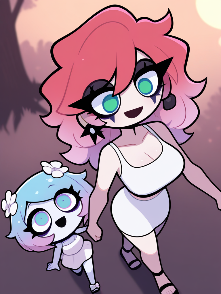 [pop-toon-style], 2girl, @liora-kane-N8W3, walking together, laughing, summer dress, flower crown, sandal heels, from above, blurred background, ethereal lighting, forest, @elara-thorne-Aijo