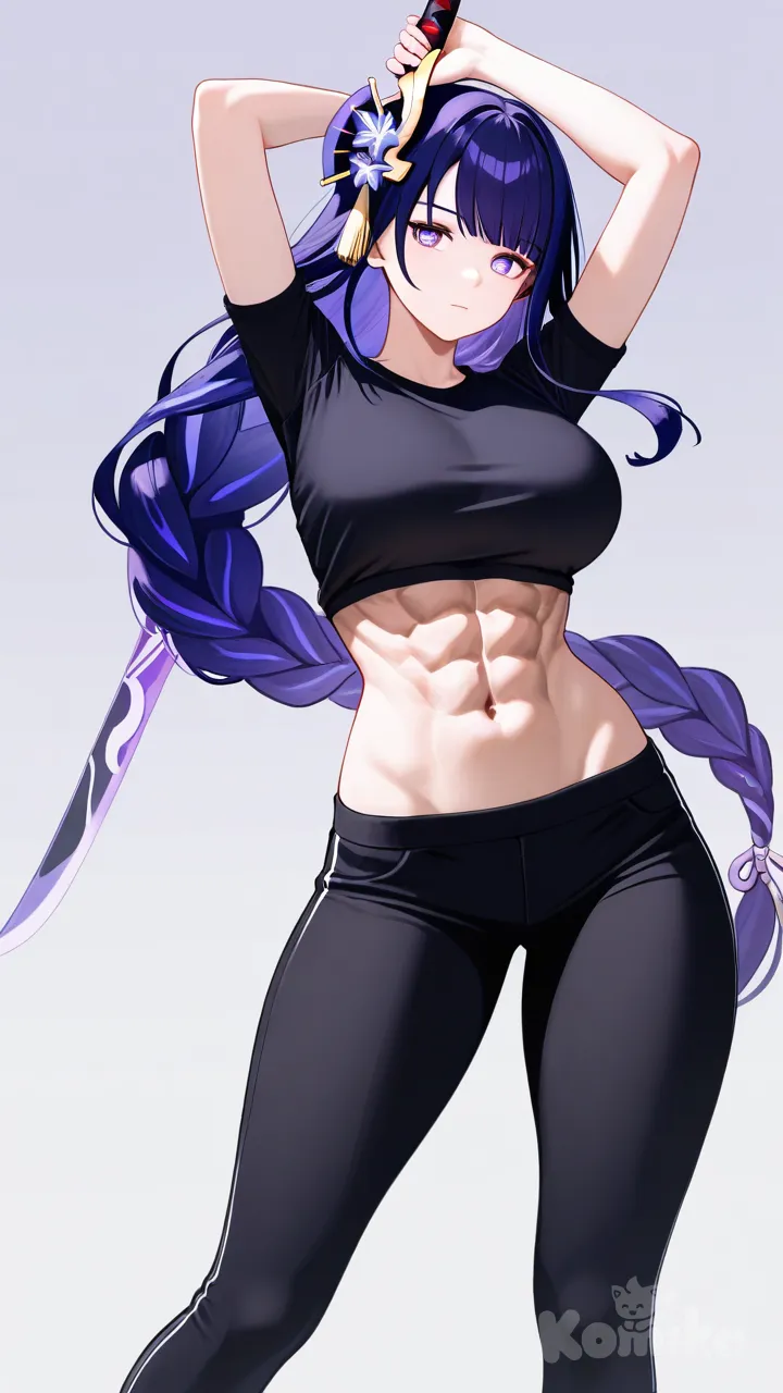 Mei raiden, honkai (series), muscular female, abs, holding sword