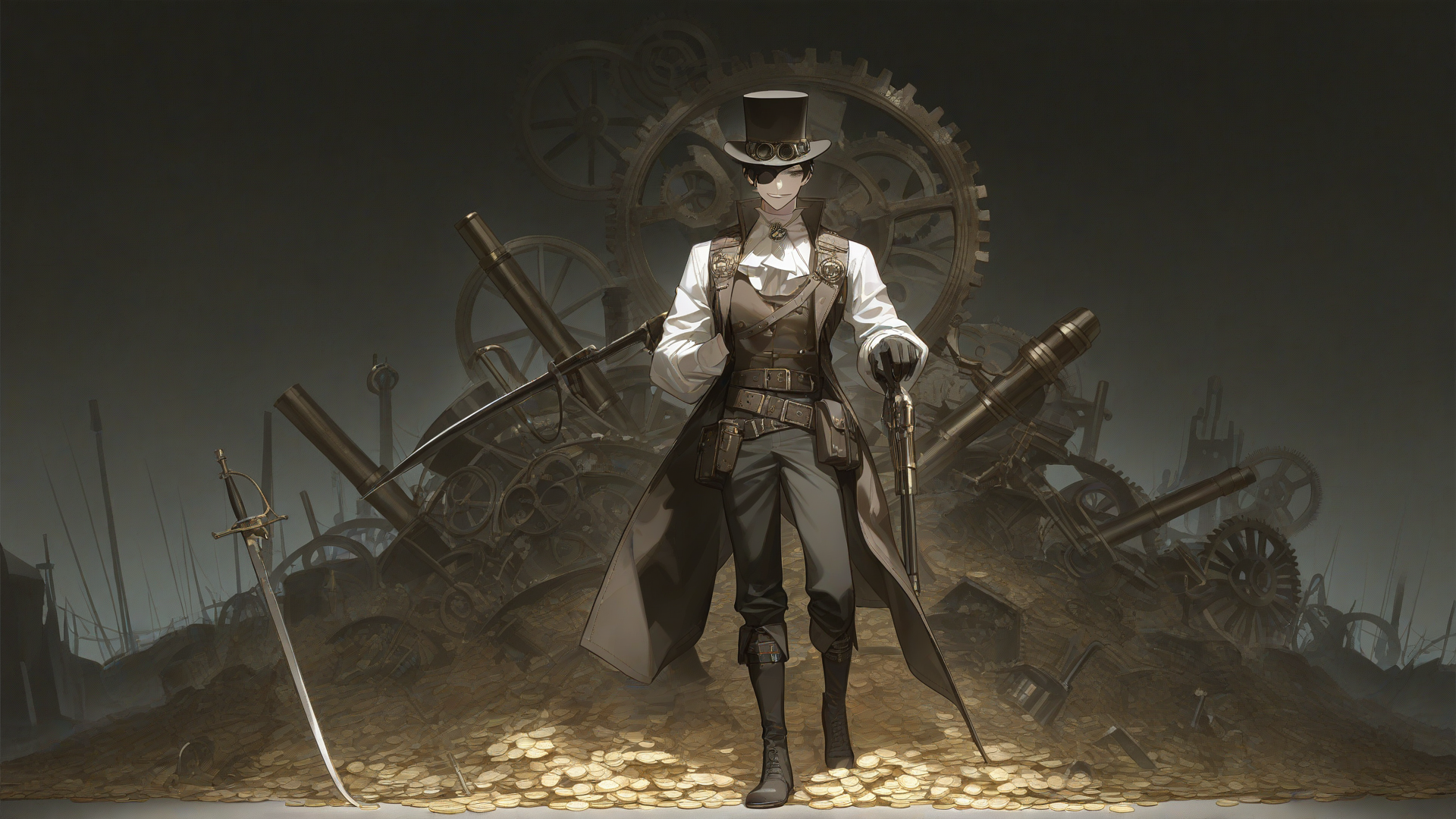 Swashbuckling steam punk adventurer with a pistol in one hand and a cutlass in another, standing on top of a pile of technological treasure, [high-contrast-glossy-style]