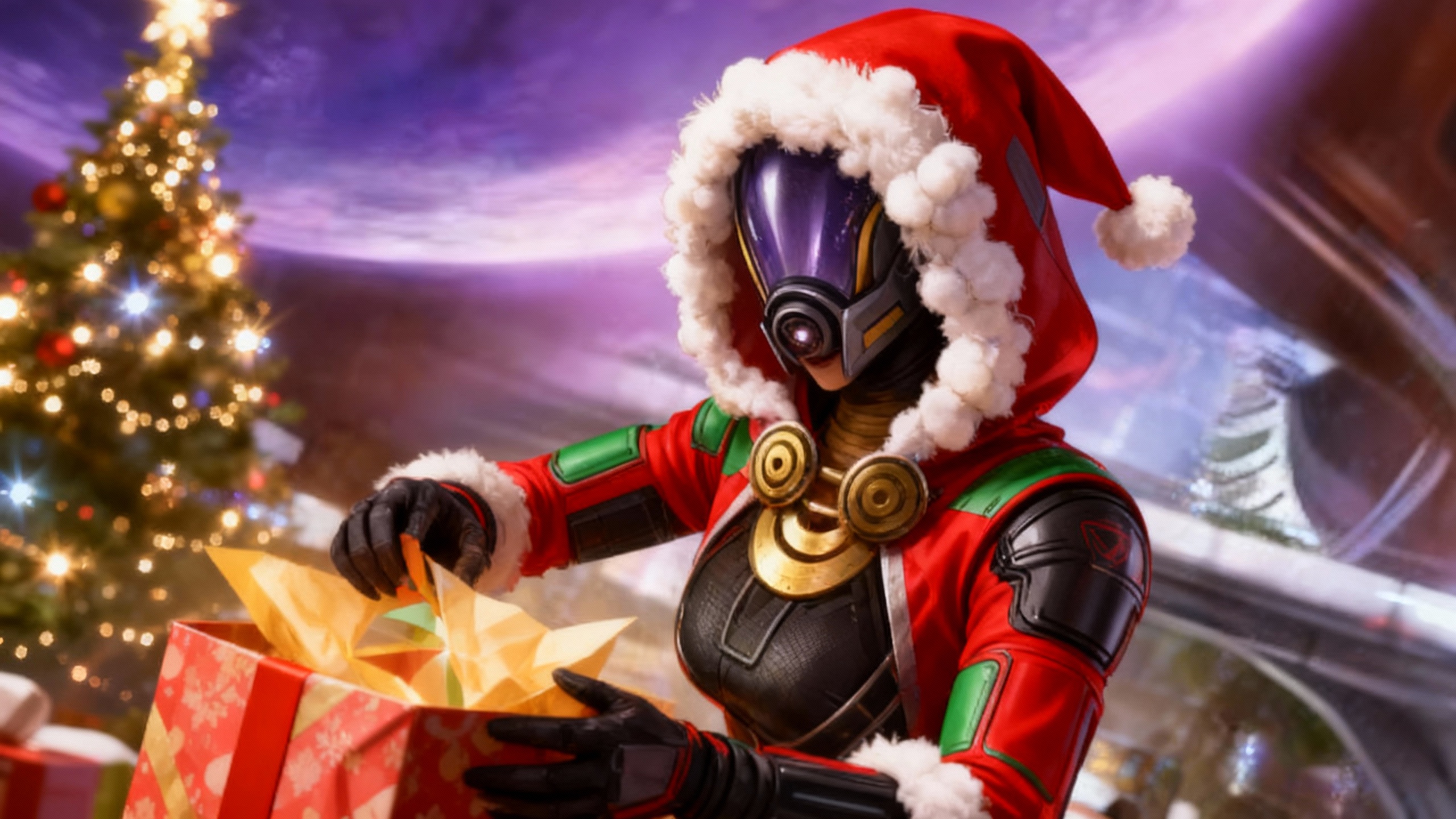 Tali'zorah from Mass Effect, her suit done up in colors of red and Green christmas style with fluffy cotton around the rim of her hood, christmas tree in the background, opening a present