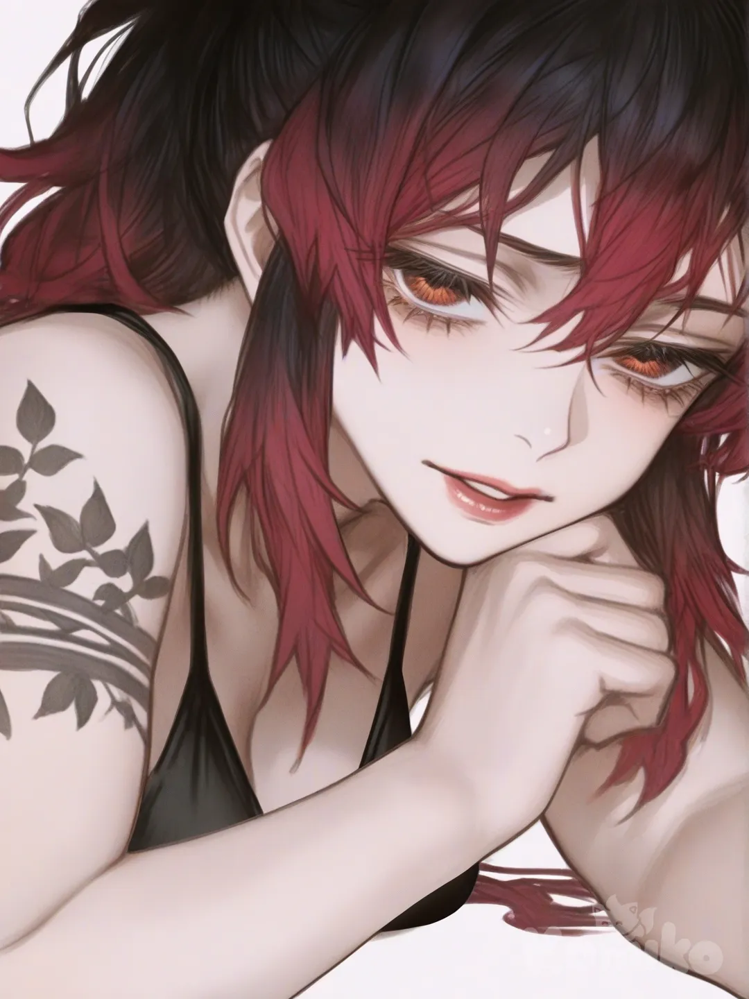 [semi-realistic-portrait-style] 1girl, mature female, athletic build, elegant pose, long auburn hair, hazel eyes, fair skin, delicate tattoo, chic adventurer attire, demon slayer style, single character, full body, looking at viewer, anime style, simple background, white background