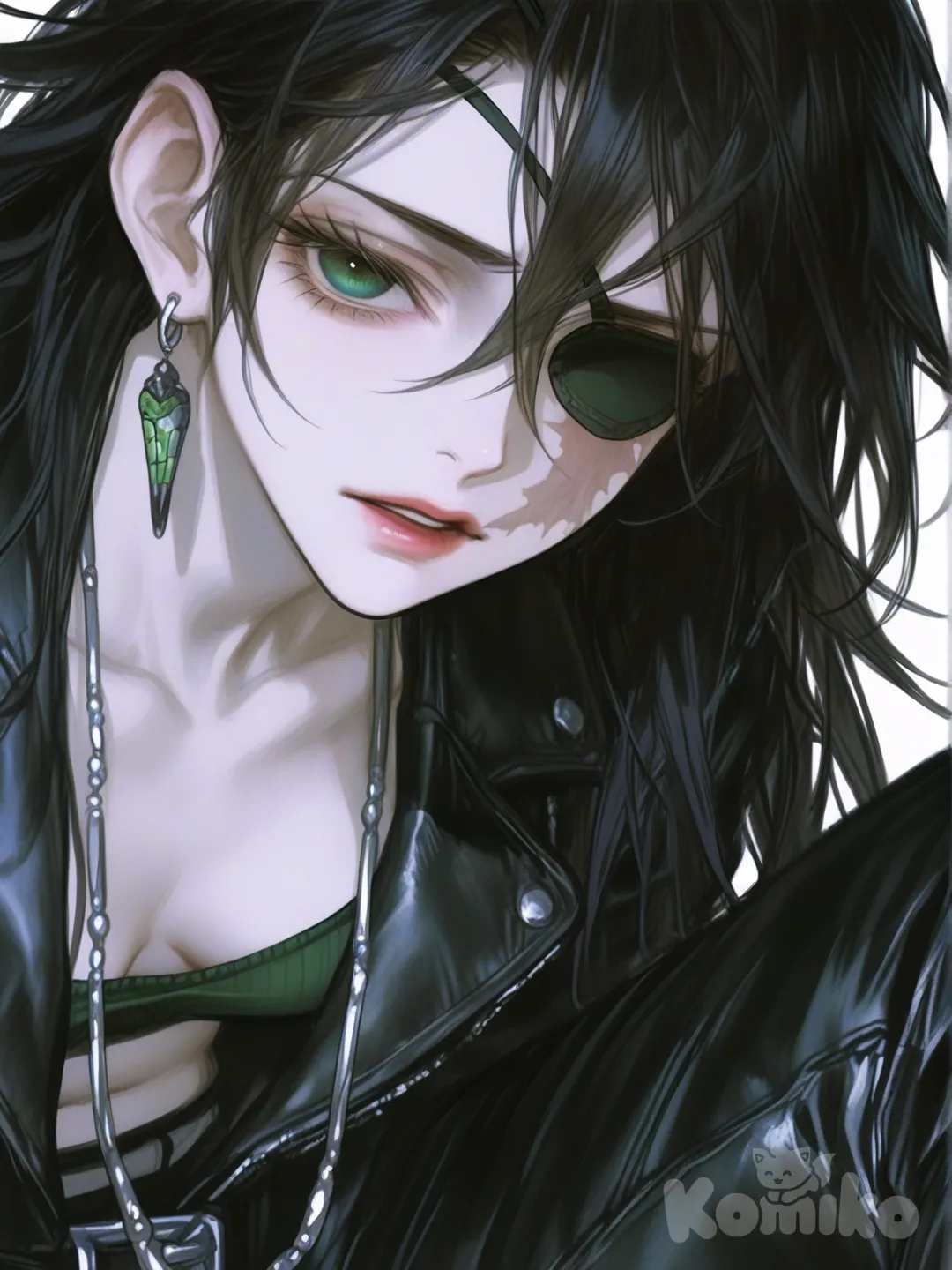 [semi-realistic-portrait-style] 1girl, demon_slayer_style, mature, slim, short, curvy, black_hair, long_hair, straight_hair, green_eyes, pale_skin, scar, leather_jacket, wide_leg_pants, necklace, earrings, eyepatch, single_character, full_body, looking_at_viewer, simple_background, white_background