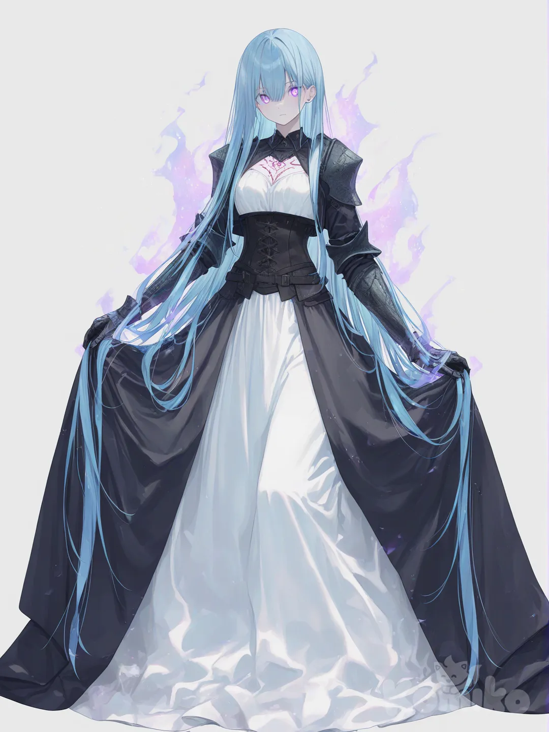 [soft-pastel-style] 1girl, queen, many_scars, hourglass_figure, long_blue_hair, flowing_hair, purple_eyes, glowing_eyes, fair_skin, tattoo, phoenix_tattoo, corset, gown, armor, glowing_aura, cargo_pants, vest, single character, full body, looking at viewer, anime style, simple background, white background