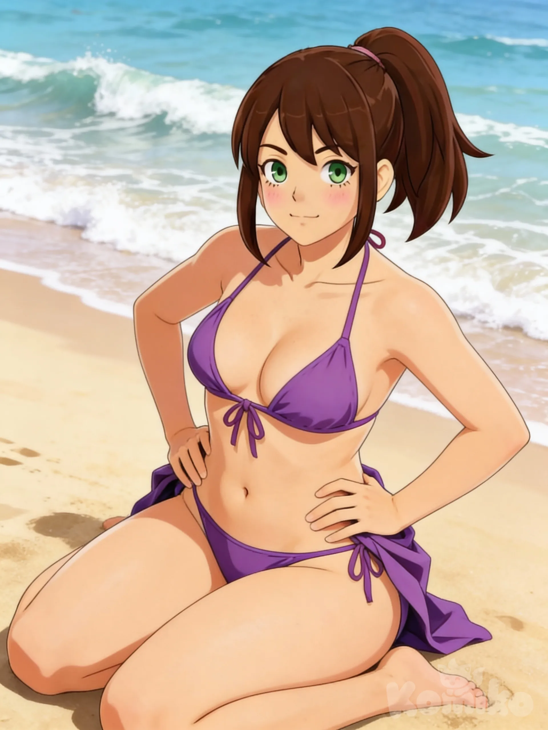 @lynn-LiqR , full body, blush, cleavage, looking at viewer, medium breasts, sitting, solo, solo focus, swimsuit, untied bikini, beach, purple bikini, hands on own hips, thighs
