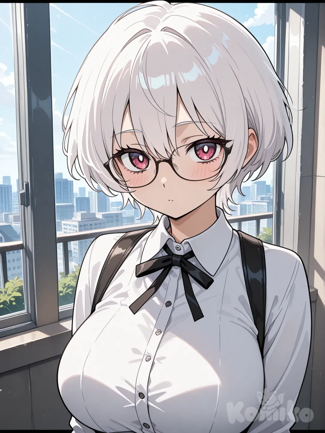 18+, anime tetona de pelo corto y blanco, con lentes finitos