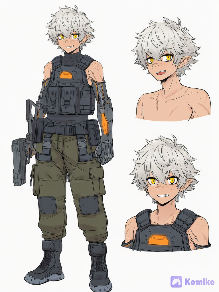 1boy, species: human, slightly pointed ears, flat chest, full body, freckles on face, freckles on shoulders, short shaggy hair, white hair, bright gold eyes, mech pilot suit, tactical vest, cargo pants, cybernetic arms, cybernetic legs, scars on body, scar across nose, character sheet, standing, smiling, holding pistol