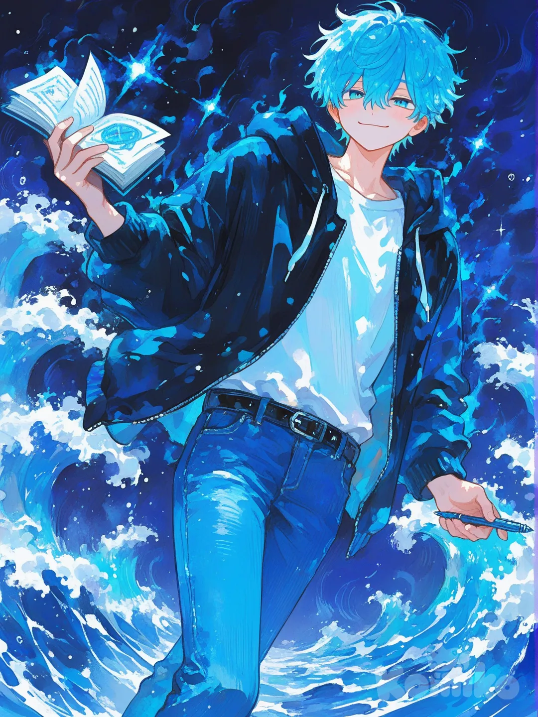 Um garoto adolescente lindo, com cabelo curto azul ciano e olhos azuis lindos, casaco moletom preto e blusa branca e calsa jeans , sorriso confiante, ele tem aura como o oceano furioso, ele tem cinto com um livro e caneta, [sweet-painting-style]