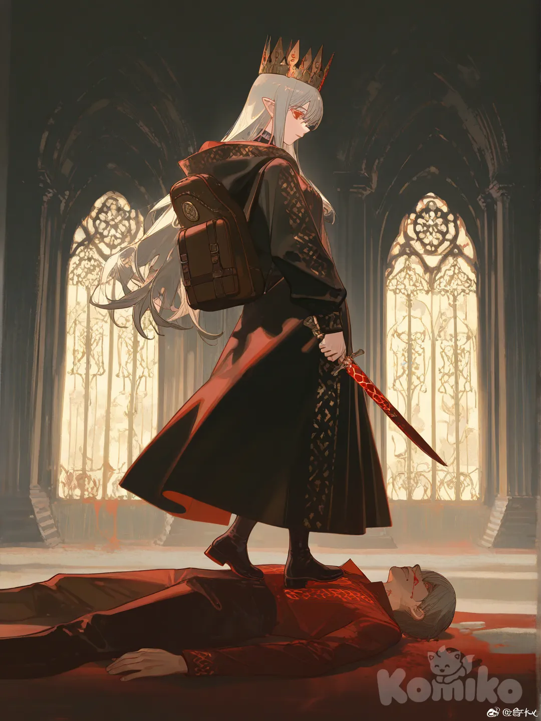 uma elfa pele branca linda olhos vermelho como sangue ,cabelo cinza , casaco com capuz estampa de escritura de runas vermelho e cinza e preto, ela tem mochila , estilo anime meio realista , ela tá de corpo inteira, pisando num cadáver de rei humano e tá sorriso macabro com adaga na mão ,ambient light, backlight, cinematic lighting, stage light, [dazzling-illustration-style]
