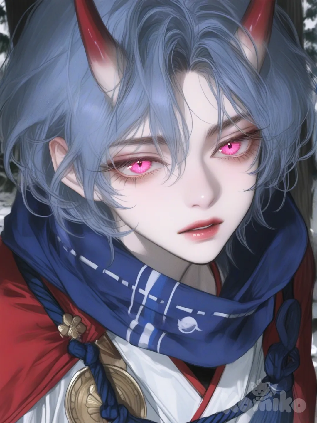 Uma jovem oni guerreira de aparência mística e delicada, com traços que misturam humanidade e algo sobrenatural. Ela possui cabelos curto com mechas azul e volumosos azul bebe,
No topo da cabeça, surgem dois chifres grande e lisos, de coloração vermelho-escura, levemente curvados para trás, reforçando sua origem não humana. Seus olhos são grandes e expressivos, em um rosa intenso quase carmesim, com um brilho atento e sério. 
A pele é clara e suave, com expressão serena, porém determinada. Ela veste uma túnica kimono e blusa,combinada com . Sobre os ombros, usa uma capa ou cachecol vermelho tecido grosso, azul adequado para viagens em florestas frias.[semi-realistic-portrait-style]