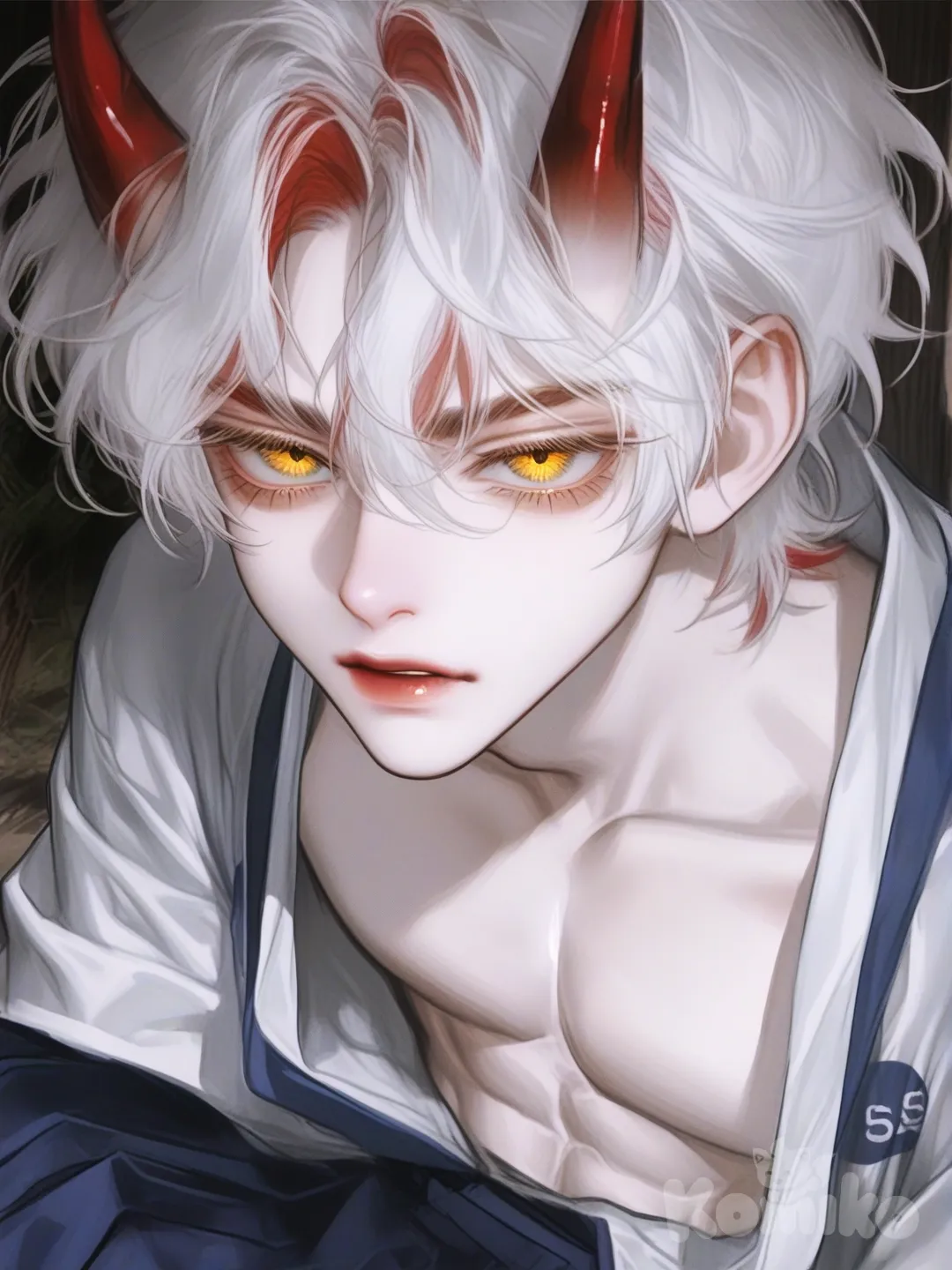 Um jovem oni guerreiro de aparência mística bruto, com traços que misturam humanidade e algo sobrenatural. Ele possui cabelos curto com mechas vermelho e volumosos branco 
No topo da cabeça, surgem dois chifres grande e lisos , de coloração vermelho-escura todo, levemente curvados para trás, reforçando sua origem não humana. Seus olhos são grandes e expressivos, em um amarelo intenso quase dourado, com um brilho atento e sério. 
A pele é clara e suave, com expressão serena, porém determinada. Ele veste uma túnica kimono aberto e abdômen definido,combinada com . tecido grosso, azul adequado para viagens em florestas frias.[semi-realistic-portrait-style]