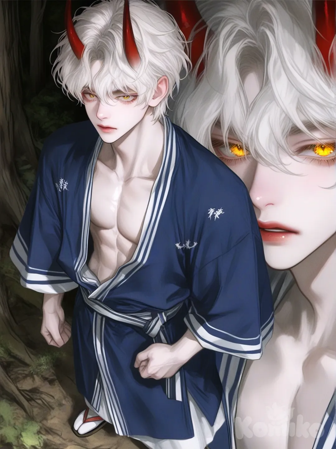 Um jovem oni guerreiro de aparência mística bruto, com traços que misturam humanidade e algo sobrenatural. Ele possui cabelos curto com mechas vermelho e volumosos branco 
No topo da cabeça, surgem dois chifres grande e lisos , de coloração vermelho-escura todo, levemente curvados para trás, reforçando sua origem não humana. Seus olhos são grandes e expressivos, em um amarelo intenso quase dourado, com um brilho atento e sério. 
A pele é clara e suave, com expressão serena, porém determinada. Ele veste uma túnica kimono aberto e abdômen definido,combinada com . tecido grosso, azul adequado para viagens em florestas ele tá em pé da pra ver o corpo inteiro frias.[semi-realistic-portrait-style]