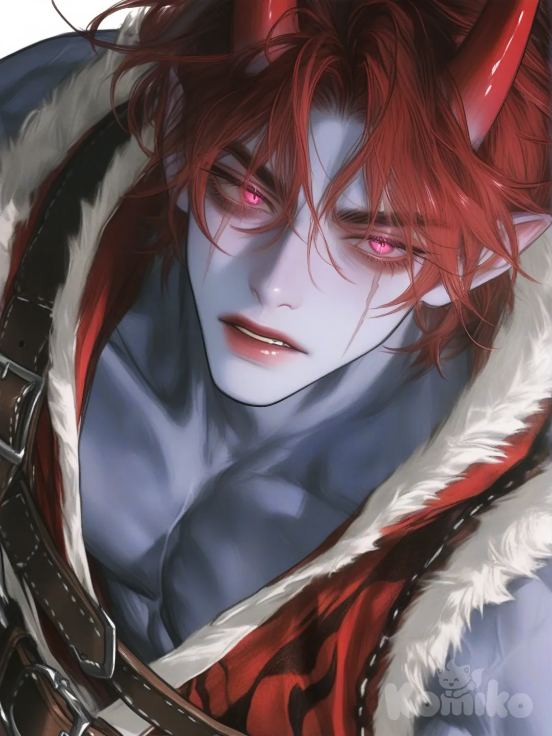 Um homem adulto oni guerreiro de aparência mística bruto, com traços que misturam humanidade e algo sobrenatural. Ele possui cabelos curto com mechas vermelho e volumosos 
No topo da cabeça, surgem dois chifres grande e lisos , de coloração vermelho-escura todo, levemente curvados para trás, reforçando sua origem não humana. Seus olhos são grandes e expressivos, em um rosa intenso quase vermelho, com um brilho atento e sério. Ele tem cicatriz no olho e esse olho e cego 
A pele é azul e suave, com expressão serena, porém determinada. Ele veste uma túnica pele de animal,combinada com cinturão de couro e roupa de guerreiro. tecido grosso, azul adequado para viagens em florestas frias.[semi-realistic-portrait-style]