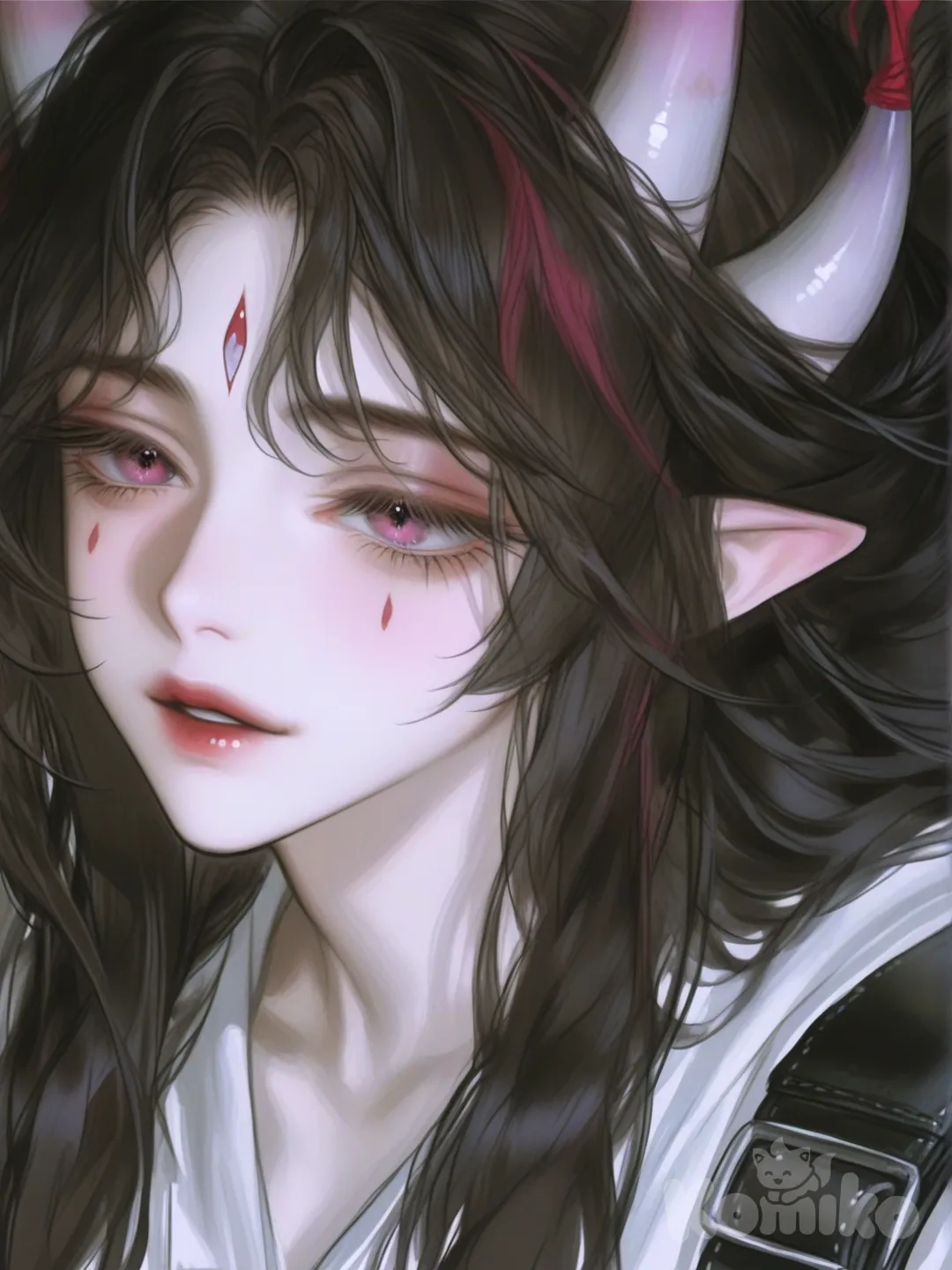 Uma mulher Oni anciã, de beleza serena e presença mística profunda. Seus traços misturam humanidade e sobrenatural de forma harmoniosa, como se o tempo tivesse passado por ela sem jamais feri-la. Sua aparência não inspira medo, mas respeito silencioso.
Seus cabelos são longos, densos e bem cuidados, caindo livres ou levemente presos, com fios escuros e profundos, entrelaçados por mechas vermelhas sutis, lembrando brasas antigas ainda vivas. O cabelo emoldura seu rosto com elegância, reforçando sua natureza quase divina.
No topo da cabeça, surgem dois chifres grandes, lisos e perfeitamente formados, de coloração vermelho-escura intensa, levemente curvados para trás. Os chifres não apresentam rachaduras ou desgaste — são impecáveis, símbolos de pureza ancestral e poder preservado.
Seus olhos são grandes, perfeitamente simétricos e expressivos, de um rosa intenso quase vermelho, claros e profundos, sem falhas, sem marcas. O olhar é calmo, sábio e absoluto, como alguém que compreende o mundo além do tempo.
A pele azul é lisa, uniforme e suave, sem cicatrizes ou imperfeições. As marcas da idade aparecem apenas em linhas delicadas de expressão, que realçam sua beleza madura em vez de diminuí-la. Seu rosto carrega uma expressão tranquila, confiante e inabalável.
Ela veste uma túnica elegante feita de pele de animal refinada, combinada com tecidos azul-escuros espessos, bem ajustados ao corpo, próprios para climas frios e florestas antigas. Um cinturão de couro trabalhado sustenta pequenos adornos simbólicos, indicando sua posição como matriarca, guardiã ou líder espiritual., [semi-realistic-portrait-style]