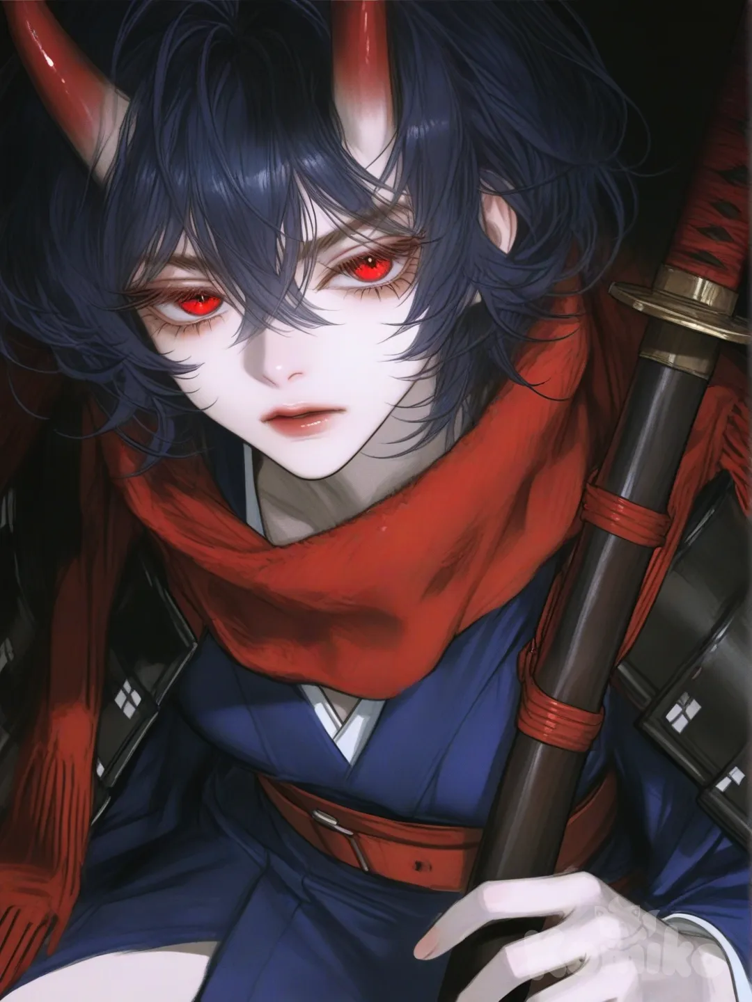 Uma jovem oni guerreira de aparência mística e delicada, com traços que misturam humanidade e algo sobrenatural. Ela possui cabelos curto com mechas verde e volumosos azuis escuro 
No topo da cabeça, surgem dois chifres grande e lisos, de coloração vermelho-escura, levemente curvados para trás, reforçando sua origem não humana. Seus olhos são grandes e expressivos, em um vermelho intenso quase carmesim, com um brilho atento e sério. 
A pele é clara e suave, com expressão serena, porém determinada. Ela veste uma túnica kimono e blusa azul ,combinada com . Sobre os ombros, usa um cachecol vermelho tecido grosso, vermelho como um sinto de couro de animais adequado e um katana de sangue nas costas. [semi-realistic-portrait-style]
