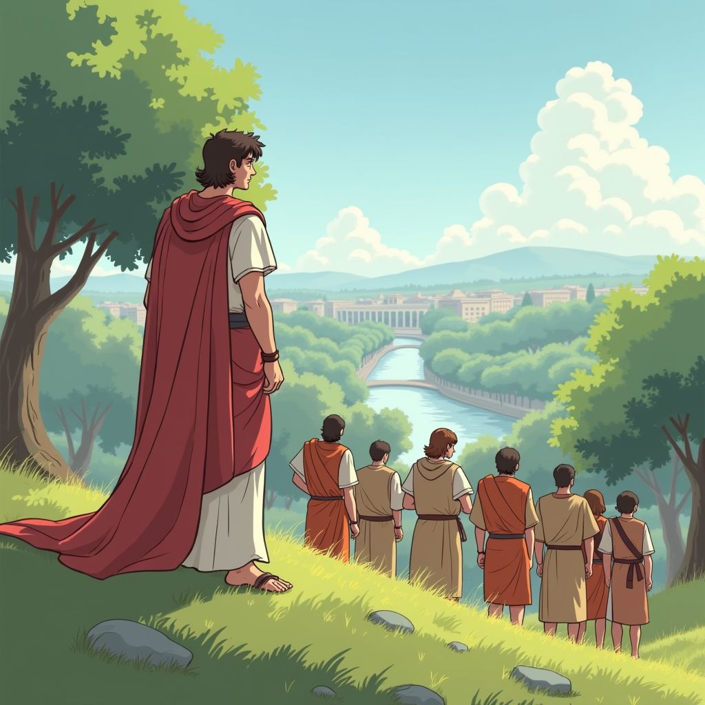 Character 0 is Remus, looks like Remus.
Remus on the Aventine Hill, with a smaller group of men in togas around him. They are looking towards the horizon. The hill has more trees and a view of the Tiber River, anime style with soft pastel color and soft lighting