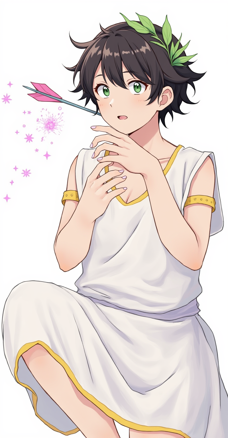 Character 0 is Ovid, description: A middle-aged Roman man with short, wavy dark hair and a laurel wreath. He has a thoughtful expression, wearing a flowing white toga with gold trim..
Cupid's arrow flies through the air, striking Ovid's foot under the desk. A small burst of pink sparkles appears where the arrow hits. Ovid looks surprised, his quill paused mid-stroke, anime style with soft pastel color and soft lighting