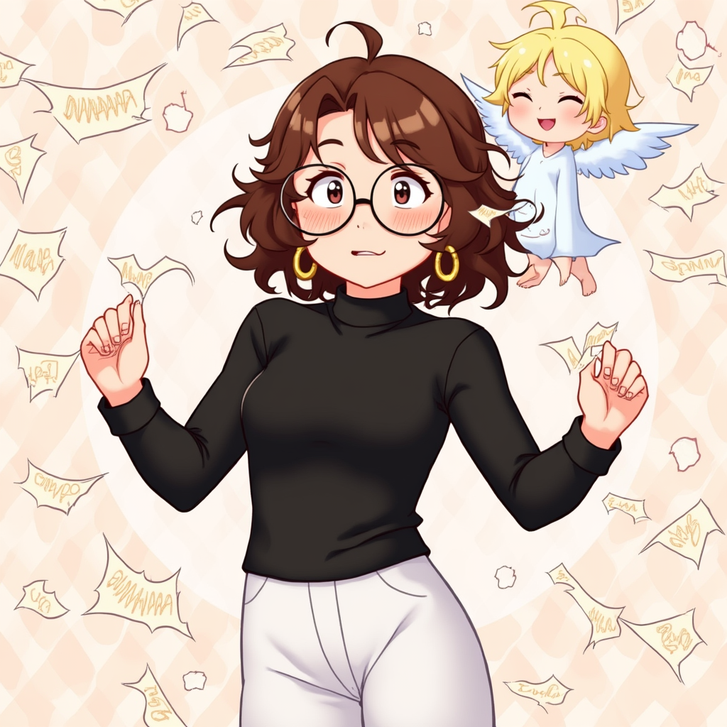 Character 0 is Ms. Olivia, description: A young female teacher with middle-long brown curly hair, brown round glasses, olive eyes, wearing a black long-sleeve top and white trousers, and gold hoop earrings..
Character 1 is Cupid, looks like Cupid.
Ms. Olivia standing amidst a cloud of paper fragments floating in the air. She looks bewildered, holding up a few pieces. Cupid is visible in the background, grinning and flying away, anime style with soft pastel color and soft lighting