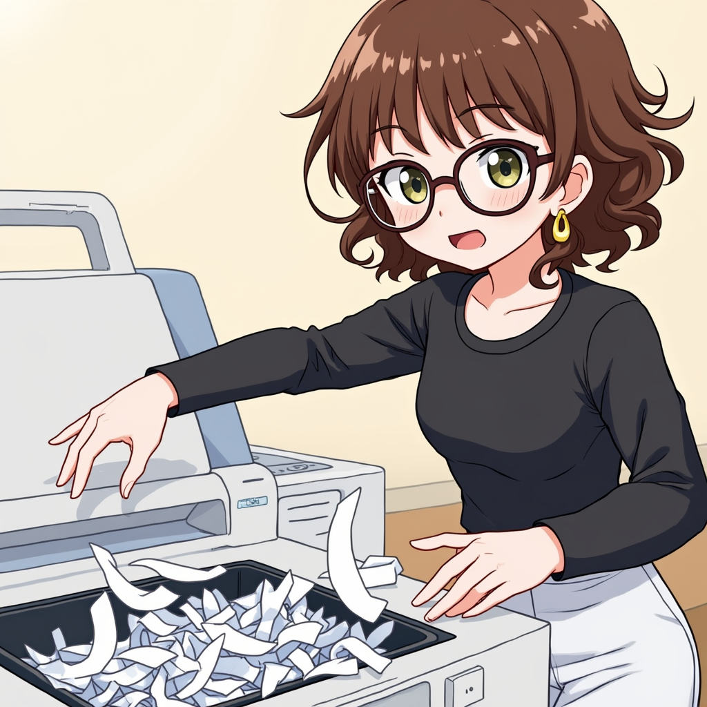 Character 0 is Ms. Olivia, description: A young female teacher with middle-long brown curly hair, brown round glasses, olive eyes, wearing a black long-sleeve top and white trousers, and gold hoop earrings..
A close-up of the copier's output tray, filled with shredded pieces of paper. Ms. Olivia's hand is visible, reaching towards the mess with a shocked expression, anime style with soft pastel color and soft lighting