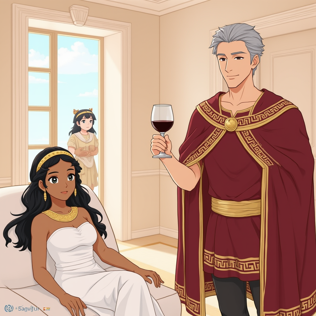 Character 0 is Claudia, description: Beautiful Roman woman in her mid-20s, with long black hair adorned with a golden hairband. She has olive skin, dark eyes, and wears a white toga with golden earrings..
Character 1 is Marcus, description: Wealthy Roman man in his 40s, with a slight paunch, graying hair, and a clean-shaven face. Wearing an ornate bordeaux and gold toga..
Inside a luxurious Roman villa, Claudia reclines on a couch wearing her white toga and golden accessories. Marcus, in his bordeaux and gold toga, stands nearby, holding a wine goblet. Through a window, Lucius can be seen outside, looking small and insignificant, anime style with soft pastel color and soft lighting