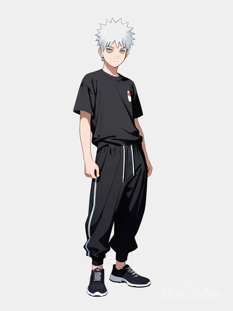 1boy, mature, white_hair, spiky_hair, grey_eyes, freckles, t-shirt, black_baggy_sweatpants, naruto art style, single character, full body, looking at viewer, anime style, simple background, white background