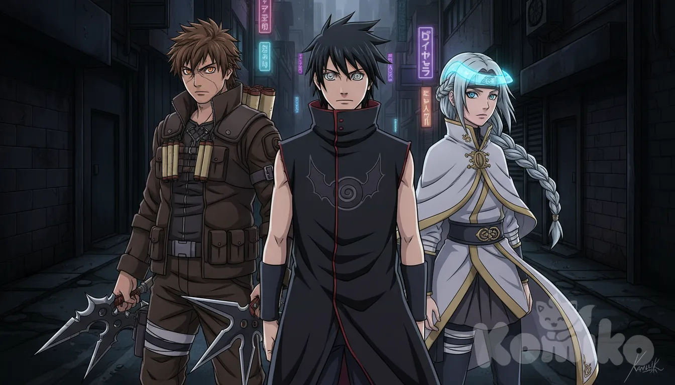 The art depicts a modern anime style reminiscent of Naruto Shippuden, blending dark aesthetics and urban elements from the Shadow Village. The trio consists of:Injusto: A shadowy Chūnin with black hair and glowing spiral eyes called Kagegan. He wears a sleeveless black cloak with red stitches and a clan symbol of a shadowy spiral with wings. His calm but intense expression reveals strategic depth.Rika: The light strategist glowing with a soft blue-white aura. She has long silver-blue hair in a braid, bright blue eyes, and wears a white and gray cloak in gold, paired with light combat gear and a bezel that channels her chakra.Daro: The tactical demolisher, physically imposing with tousled brown hair and amber eyes. He sports a dark brown tactical jacket with multiple pockets, reinforced pants, and carries explosive scrolls and personalized shurikens.Together, they form a striking visual contrast symbolizing balance between shadow, light, and destruction. The background is a dark urban environment with subtle neon lighting, emphasizing their connection to the mysterious Shadow Village., anime style