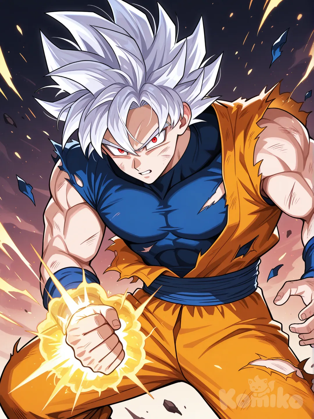 Goku ui, roupa do gt, fazendo o golpe do dragão, roupa destruída.