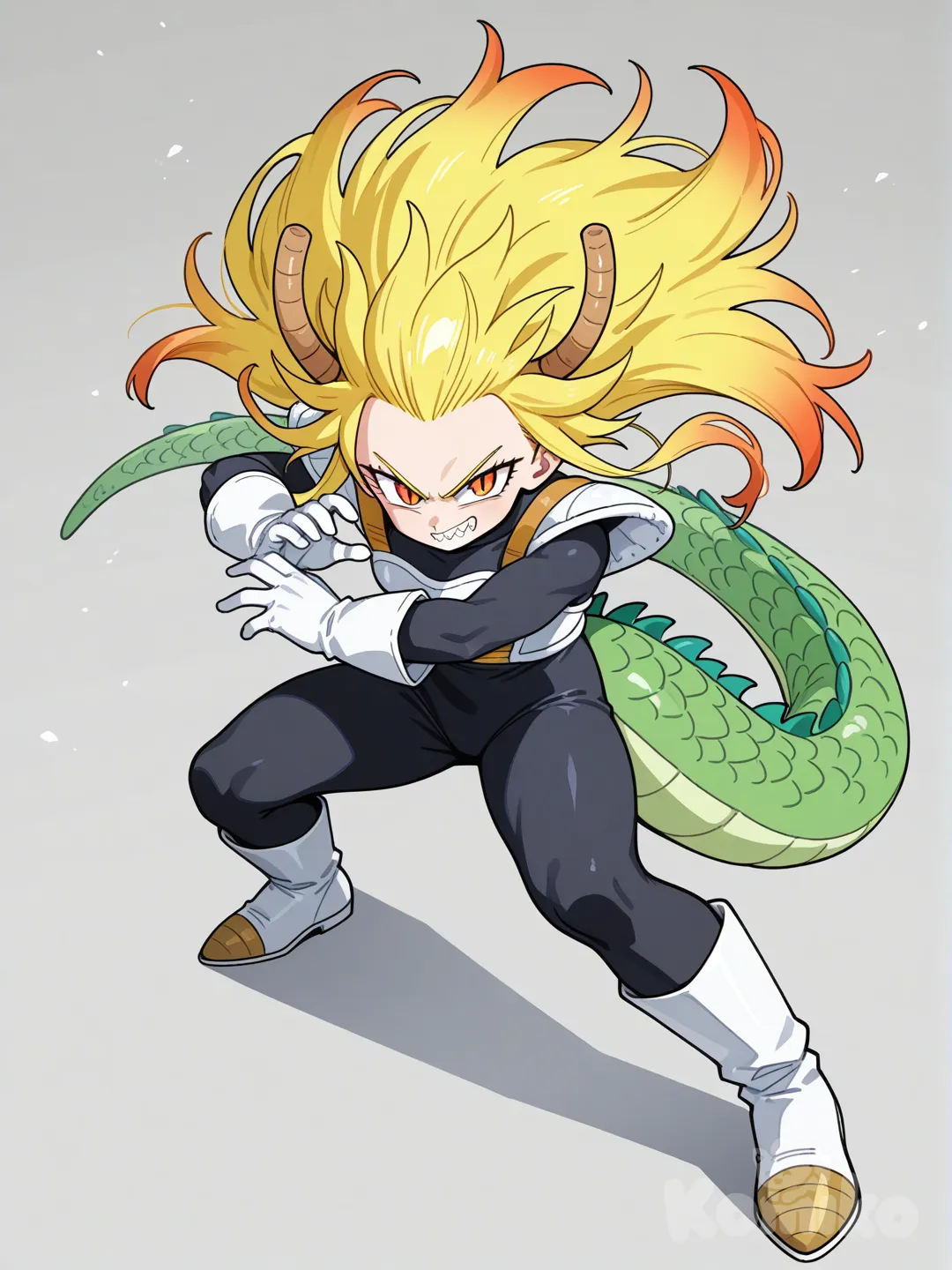Migrate no ui, torhu from miss Kobayashi's maid dragon, dragon ball style, toru usando as roupas do vegeta, roupa preta.