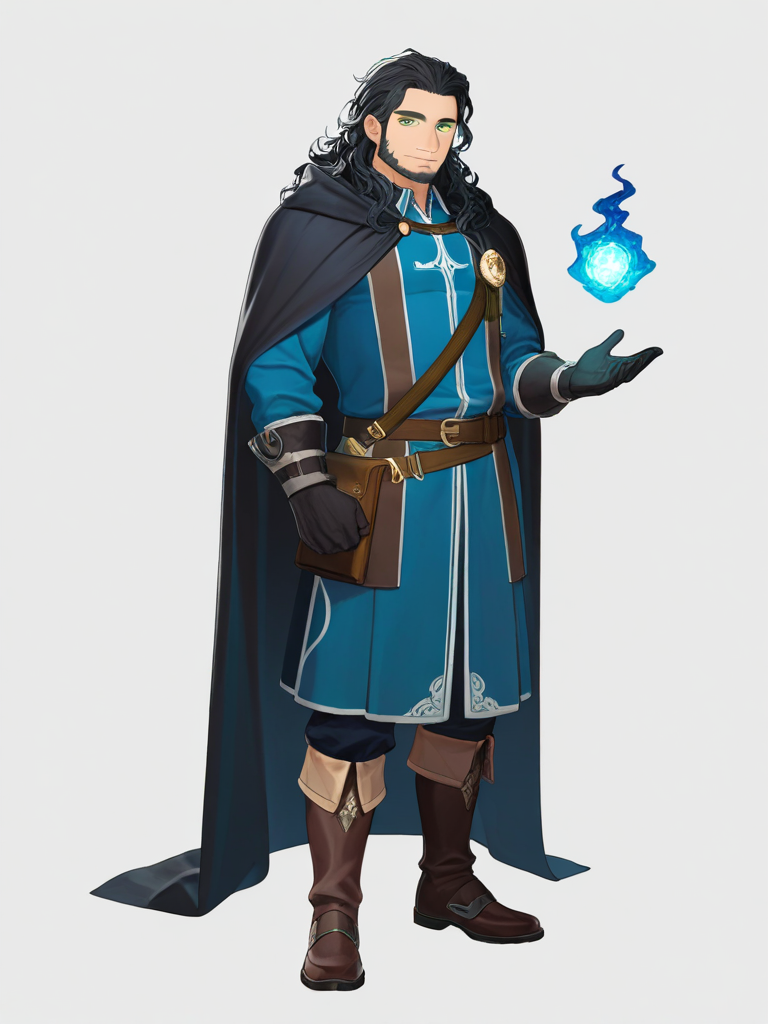 1boy, mature male, wizard, black_hair, wavy_hair, green_eyes, black_clothes, cape, chibi, single character, full body, looking at viewer, anime style, simple background, white background