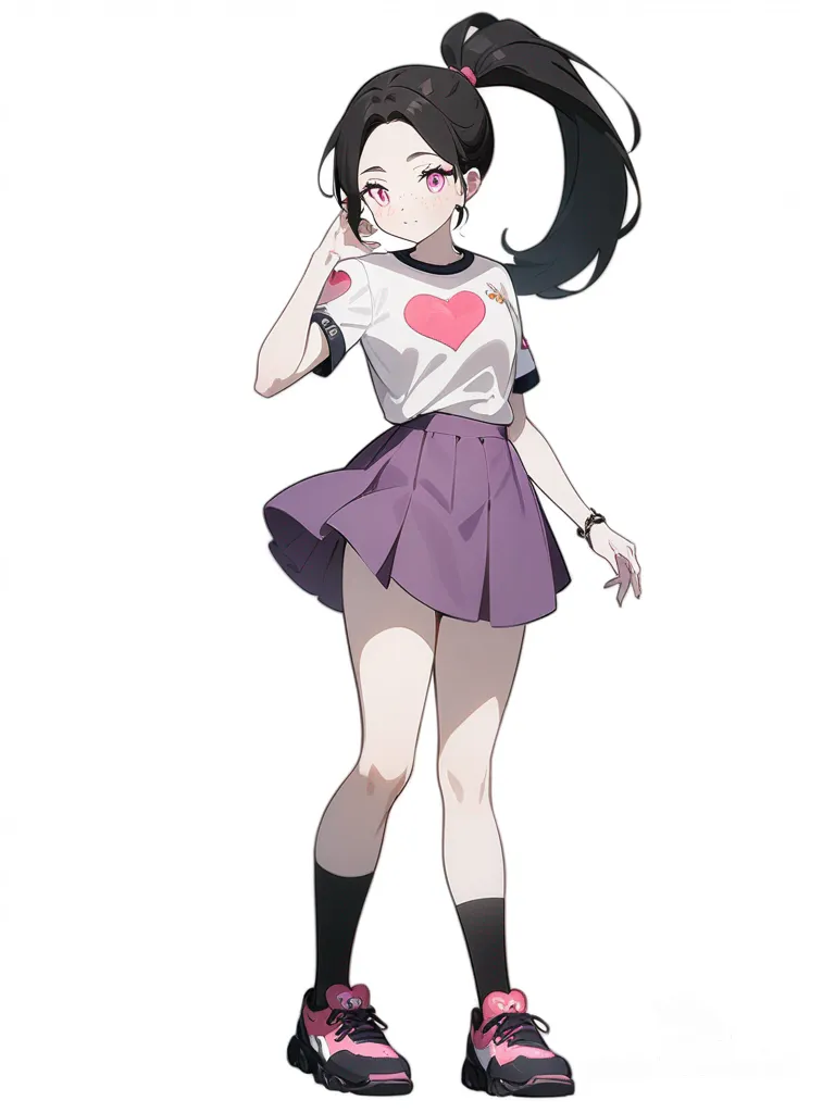 1girl, tall, black hair, ponytail, pink eyes, pale skin, freckles, heart shirt, short purple skirt, single character, full body, looking at viewer, anime style, simple background, white background