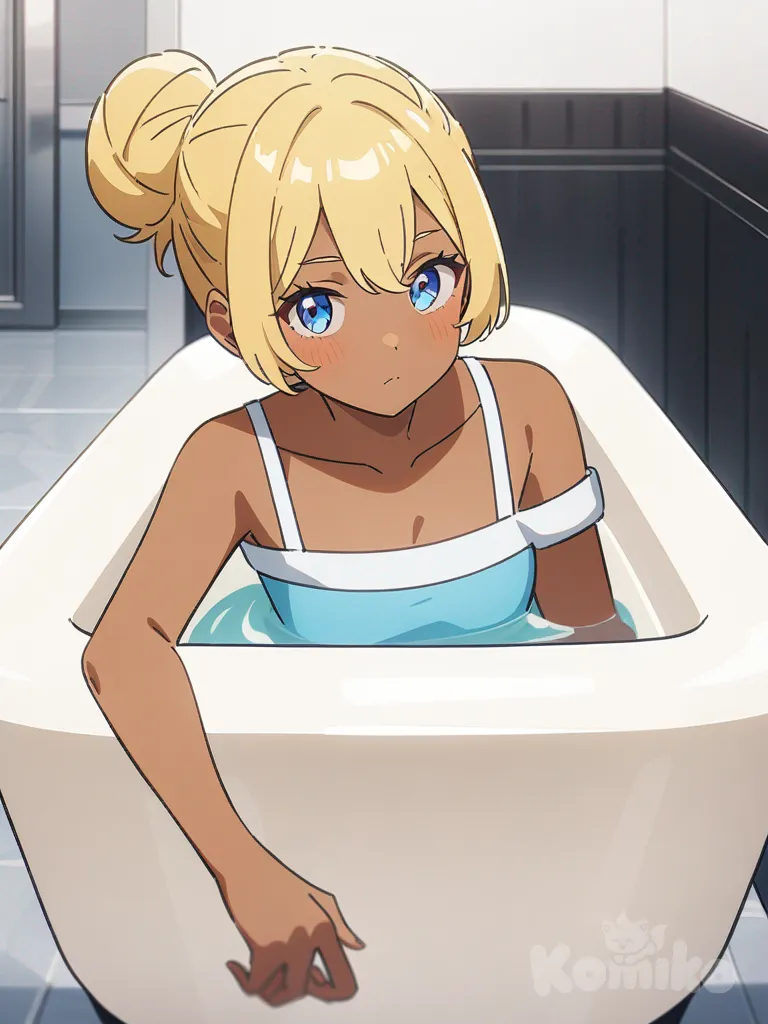 1girl, teenager, short, bun, blonde hair, blue eyes, dark skin, bathtub, single character, full body, looking at viewer, anime style, simple background, white background