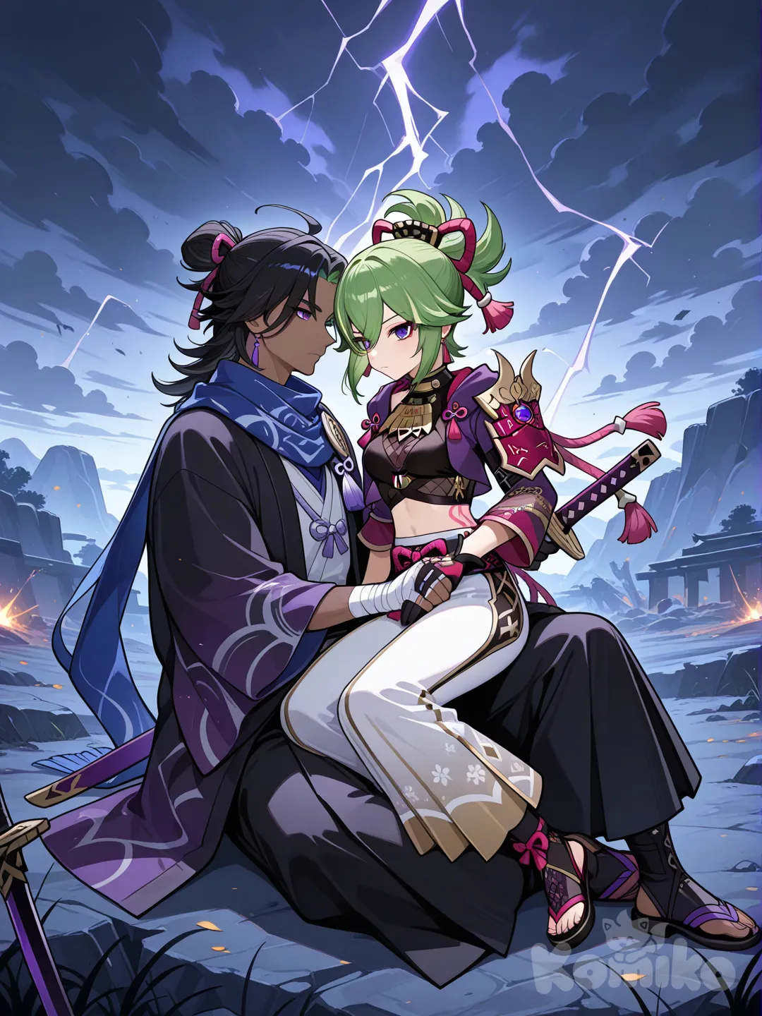 A tall male with dark skin, black hakama shirt, white hakama pants, blue scarf, sheathed sword, bandages on hands, purple eyes, black medium length hair, genshin impact style, battlefield, holding sword, fighting stance, lightning background, 2people, sitting on lap, kuki shinobu