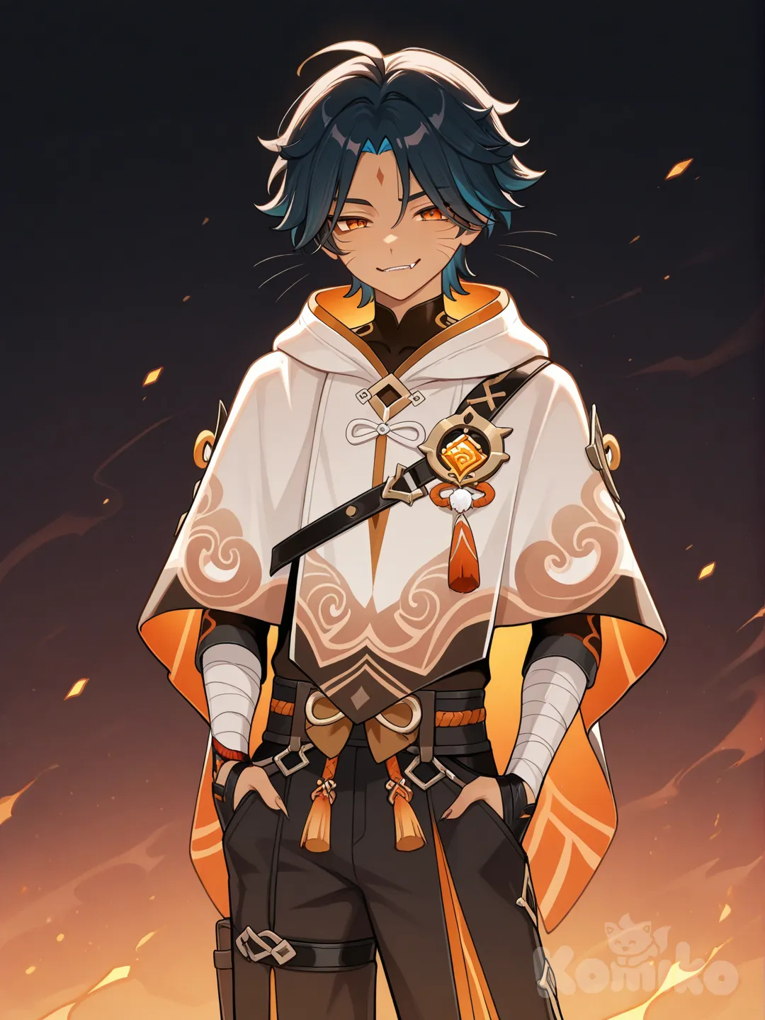 japanese male with tan skin and orange eyes, whiskers on cheeks, short black hair, long white poncho, arm bandages, black pants, claws, fangs, smirking, pyro vision, hands in pockets