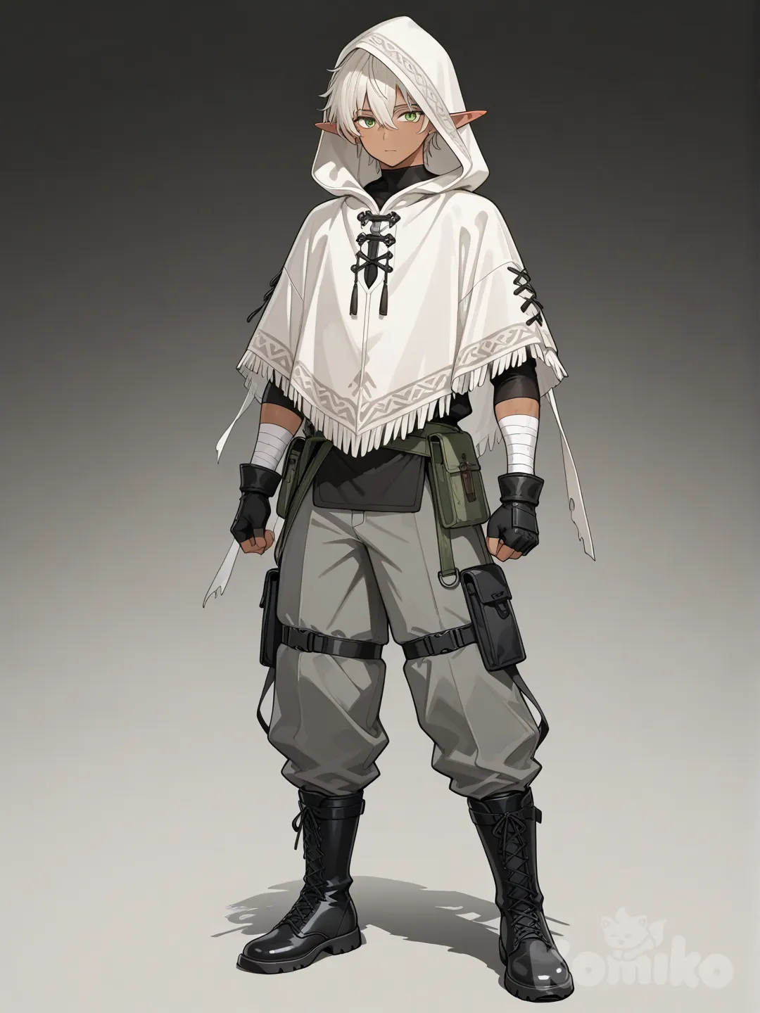 tall japanese male, tan skin, elf ears, green eyes, white poncho with hood, black skin tight undershirt, arm bandages, black fingerless gloves, gray pants, black combat boots