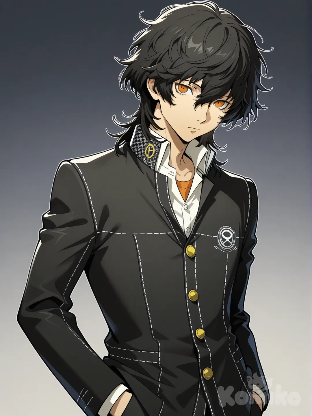 japanese male, messy medium length black hair, yasogami high school, orange eyes, persona 4 style, hands in pockets
