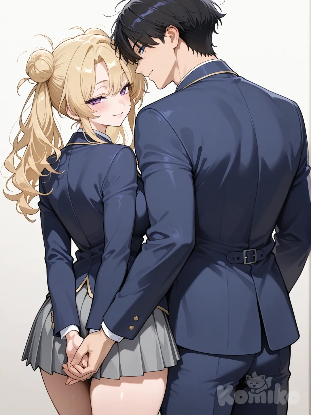 japanese mature female, blonde hair, long twil tails, turquoise school uniform, blazer, skirt, large breasts, arms behind back, sexy smile
2people, tall japanese male, long jet black hair with messy bun, purple eyes, turquoise school uniform, blazer, hugging