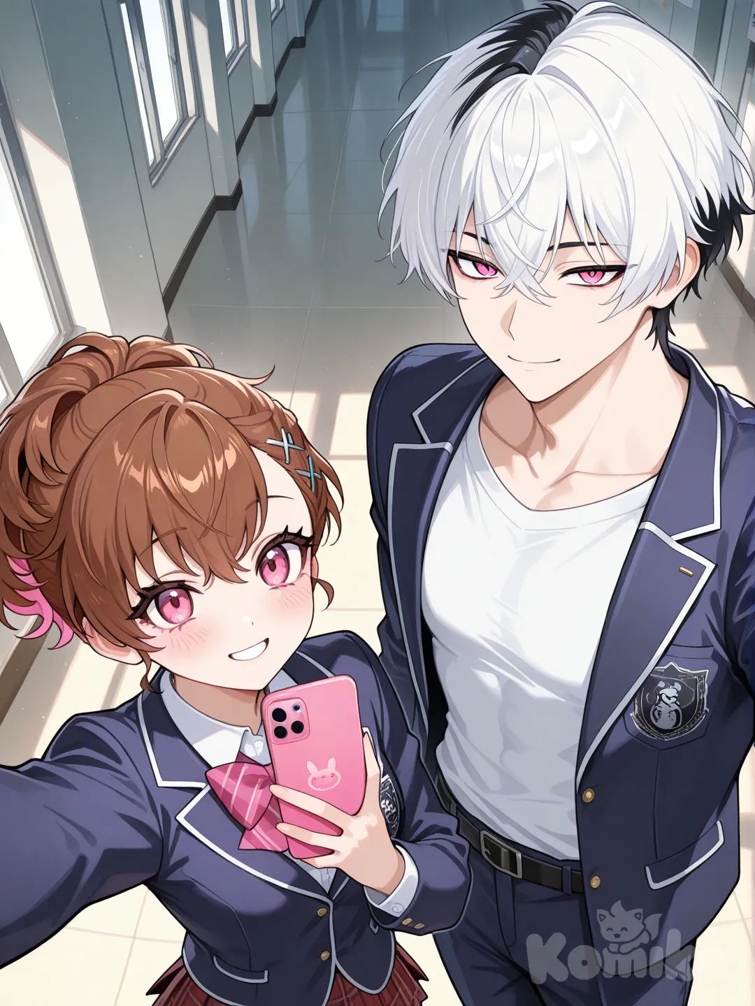 japanese male, toned, two-toned hair, short black white hair, handsome, pink eyes, japanese school uniform, blazer, smile, school hallway, selfie, 2people, shiomi kotone