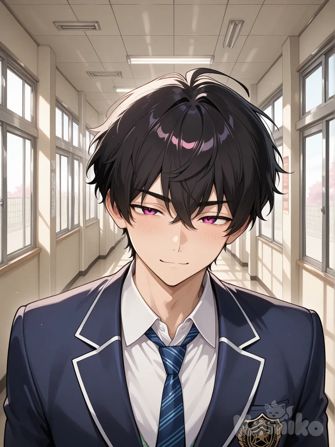 japanese male, toned, short black hair, handsome, magenta eyes, japanese school uniform, blazer, winking, school hallway