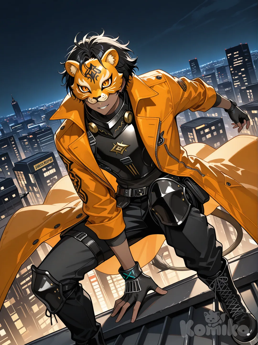 japanese male, dark skin, orange eyes, thorns (arknights), messy black hair, persona 5 style, lion mask over eyes, smirk, fingerless gloves, black and orange trench coat, body armor undershirt, claws, standing on roof